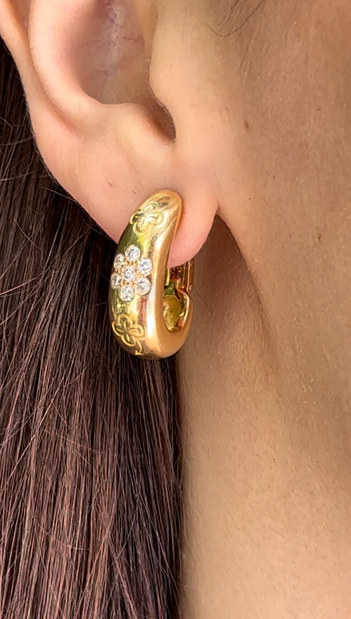 Women's Van Cleef & Arpels Alhambra Diamond Hoop Earrings 18k Gold For Sale