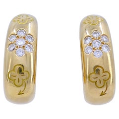Retro Van Cleef & Arpels Alhambra Diamond Hoop Earrings 18k Gold