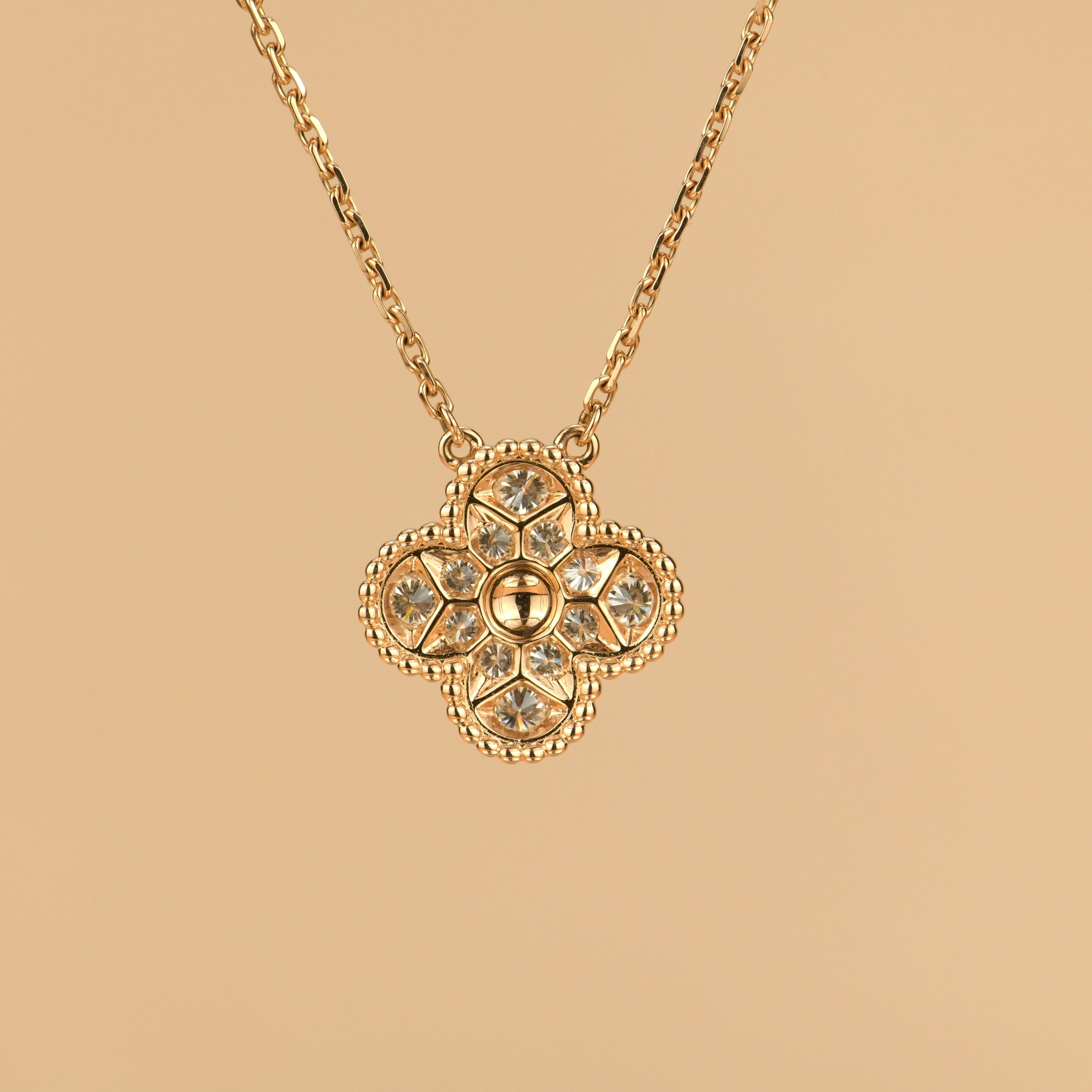 Brilliant Cut Van Cleef & Arpels Alhambra Diamond Rose Gold Pendant Necklace