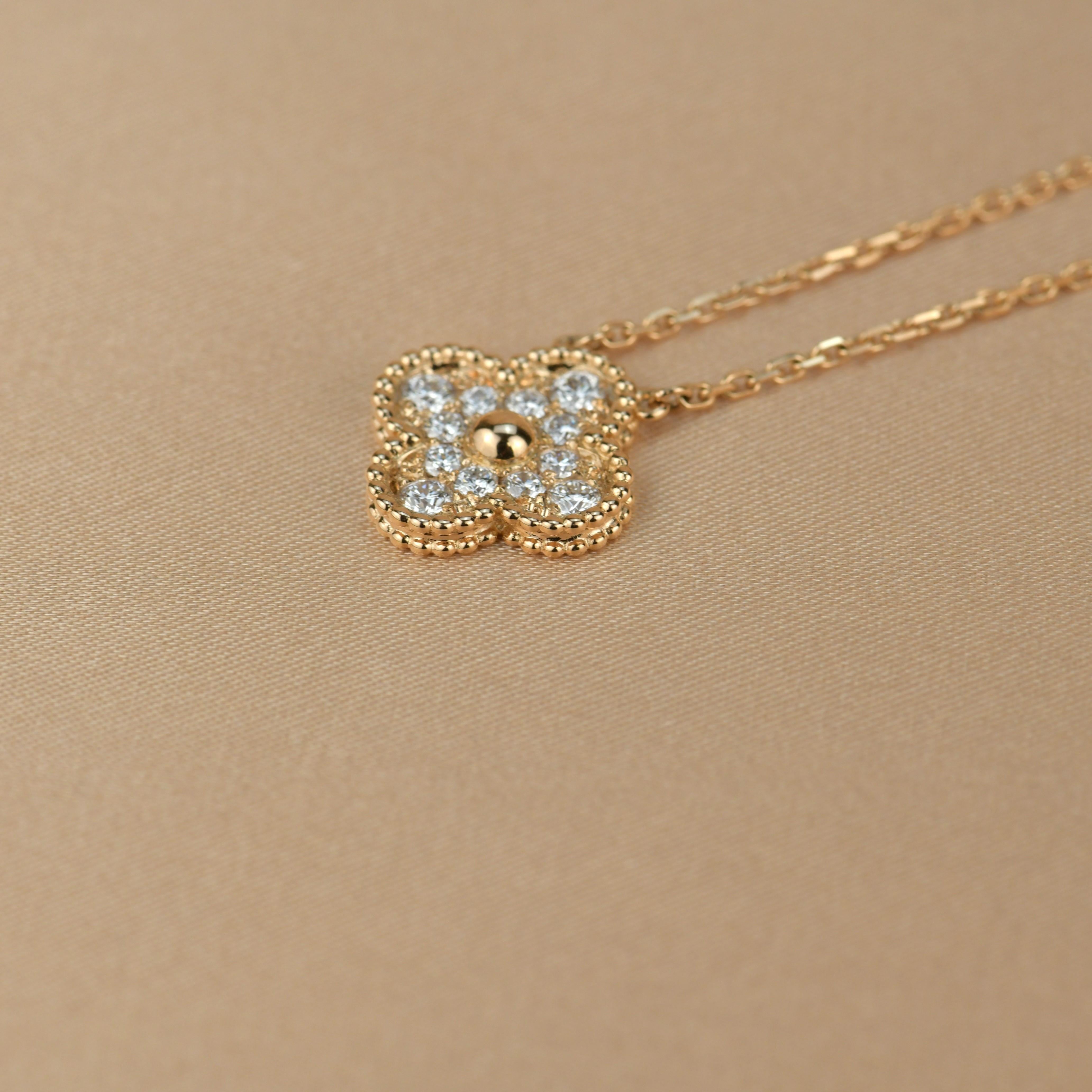 Van Cleef & Arpels Alhambra Diamond Rose Gold Pendant Necklace In Excellent Condition In Banbury, GB