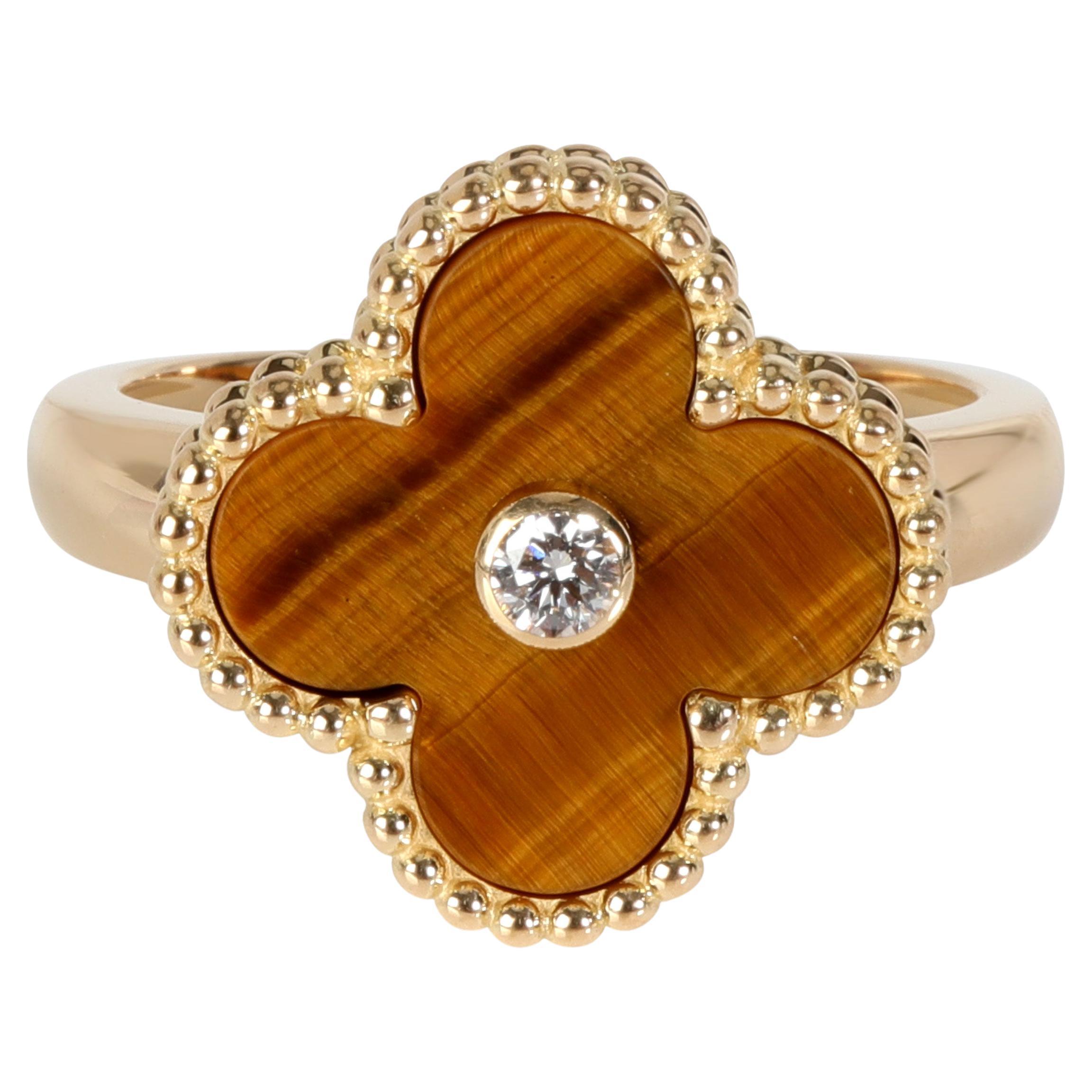 Van Cleef & Arpels Alhambra Diamond Tiger's Eye Ring in 18K Yellow Gold