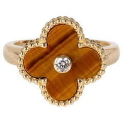Van Cleef & Arpels Alhambra Diamond Tiger's Eye Ring in 18K Yellow Gold
