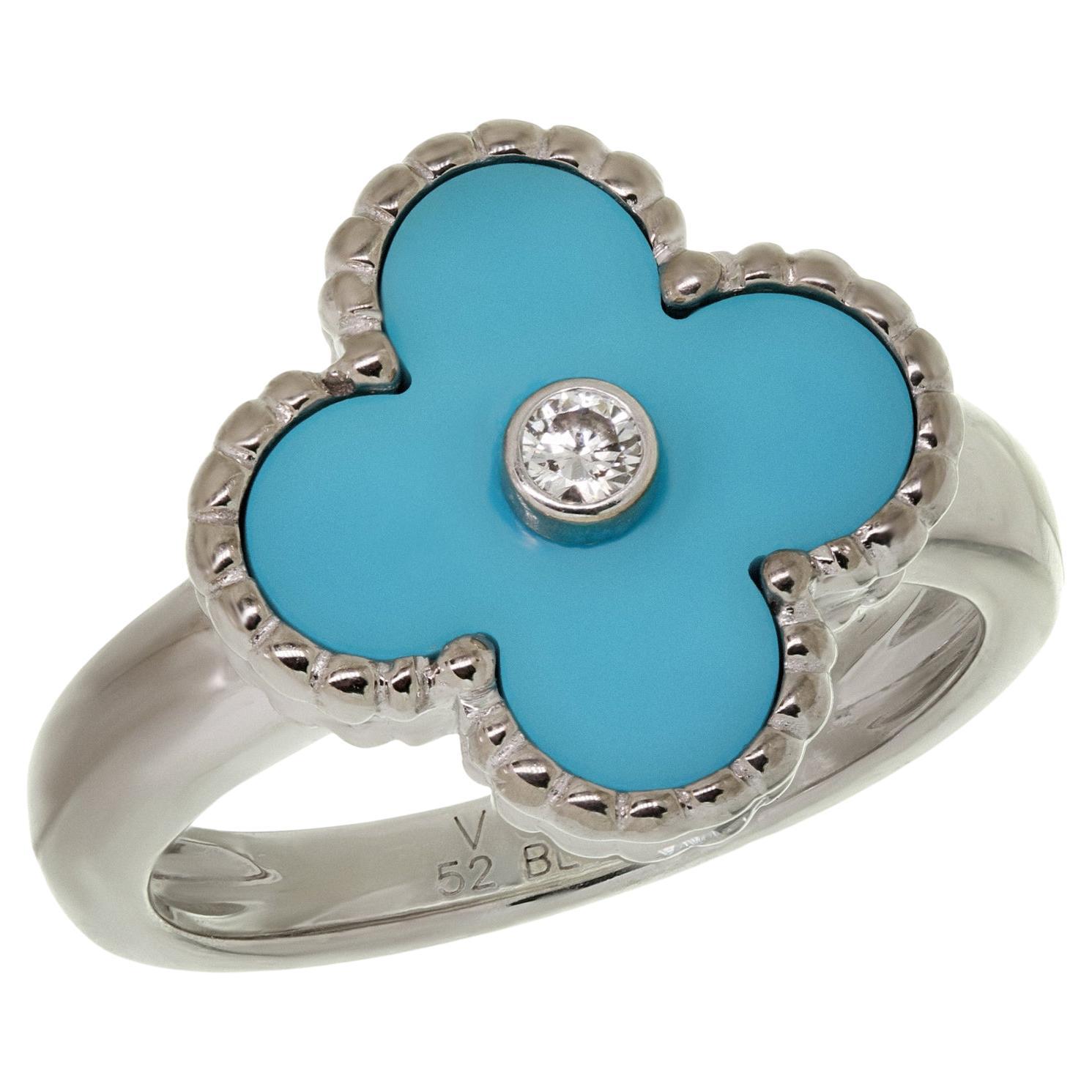 VAN CLEEF & ARPELS Alhambra Diamond Turquoise White Gold Ring Size 52 For Sale