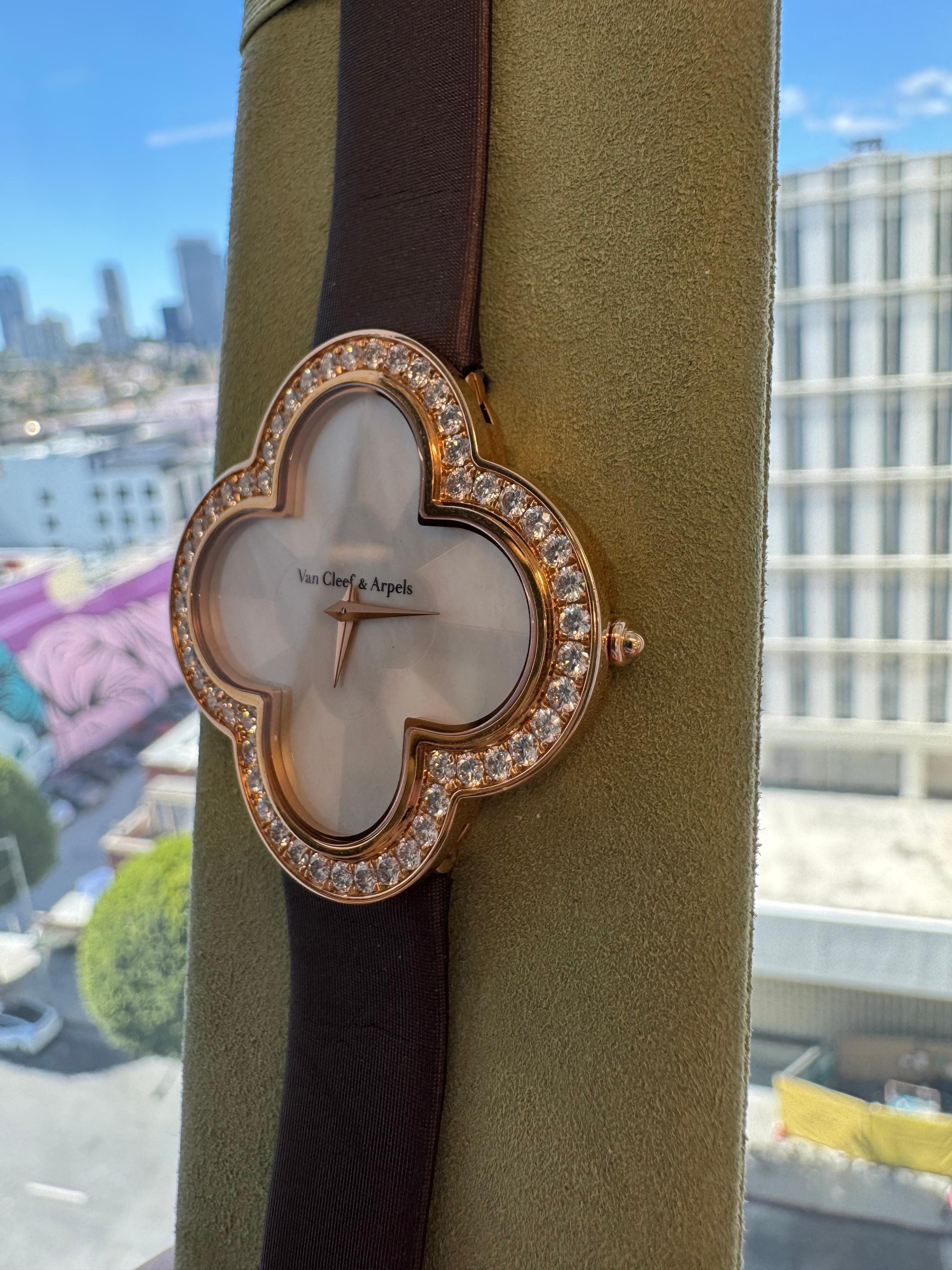 Contemporary Van Cleef & Arpels Alhambra Diamond Watch 18k Rose Gold Satin Strap