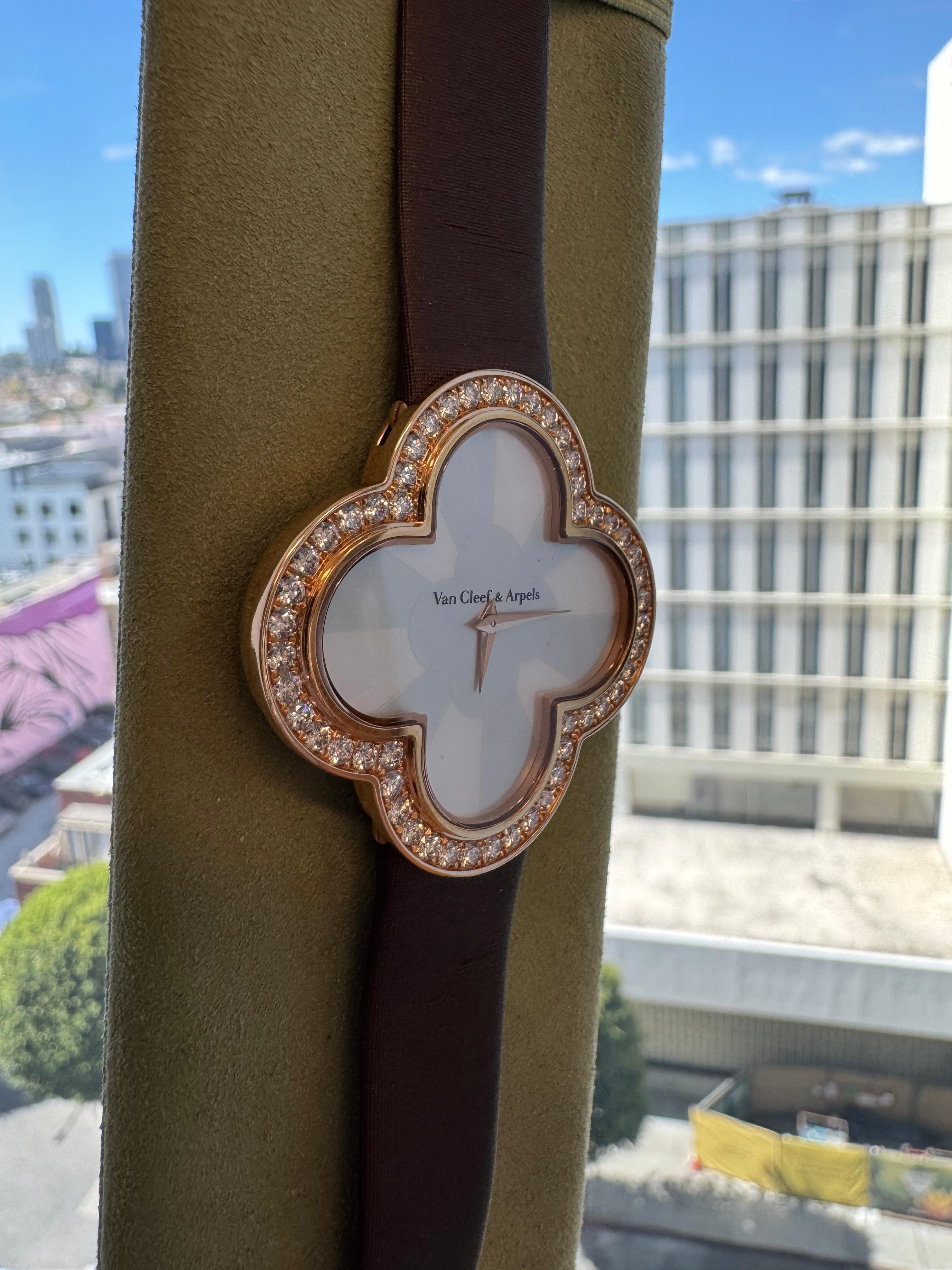 Round Cut Van Cleef & Arpels Alhambra Diamond Watch 18k Rose Gold Satin Strap