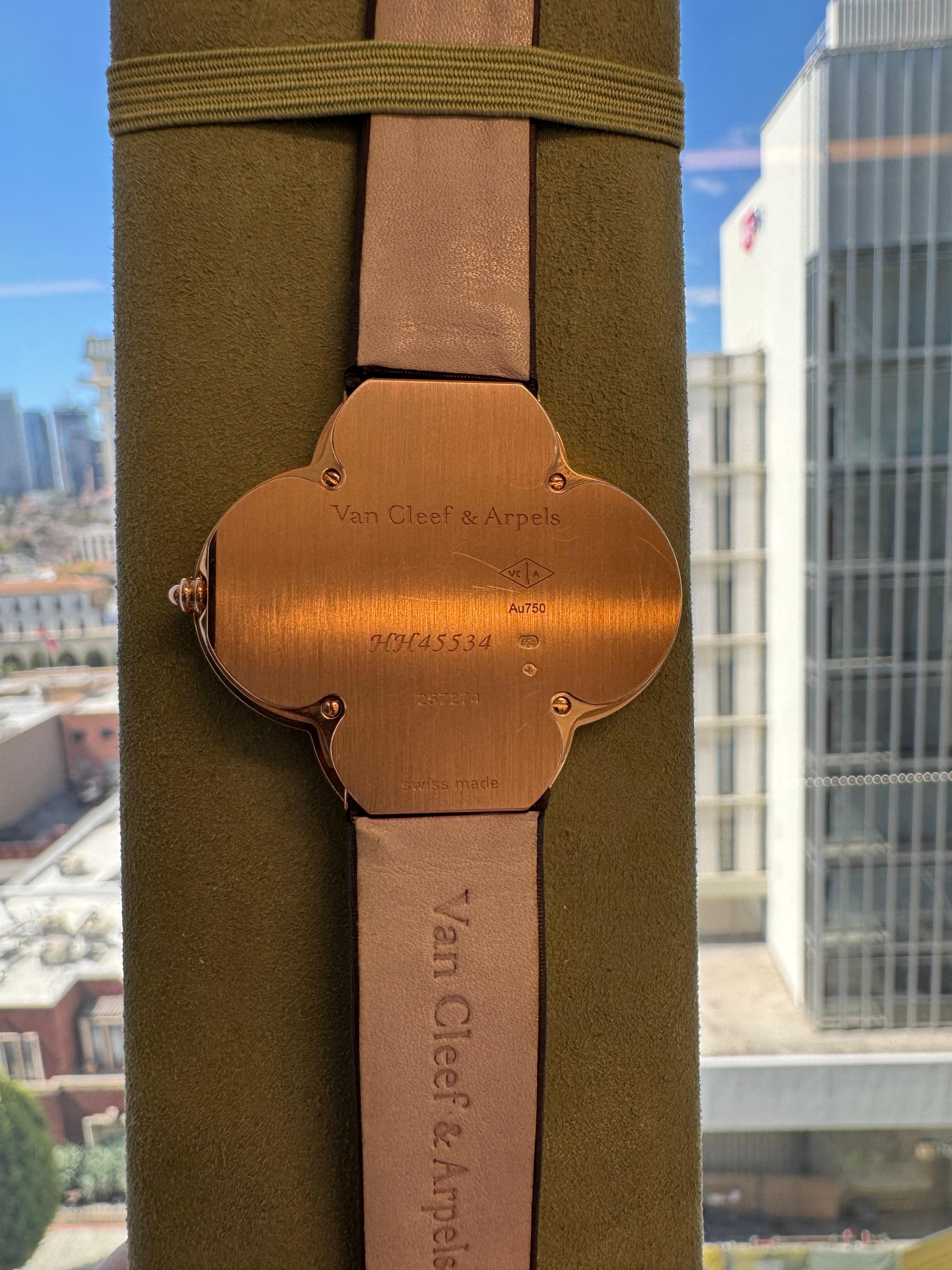 Van Cleef & Arpels Alhambra Diamond Watch 18k Rose Gold Satin Strap In Excellent Condition In BEVERLY HILLS, CA