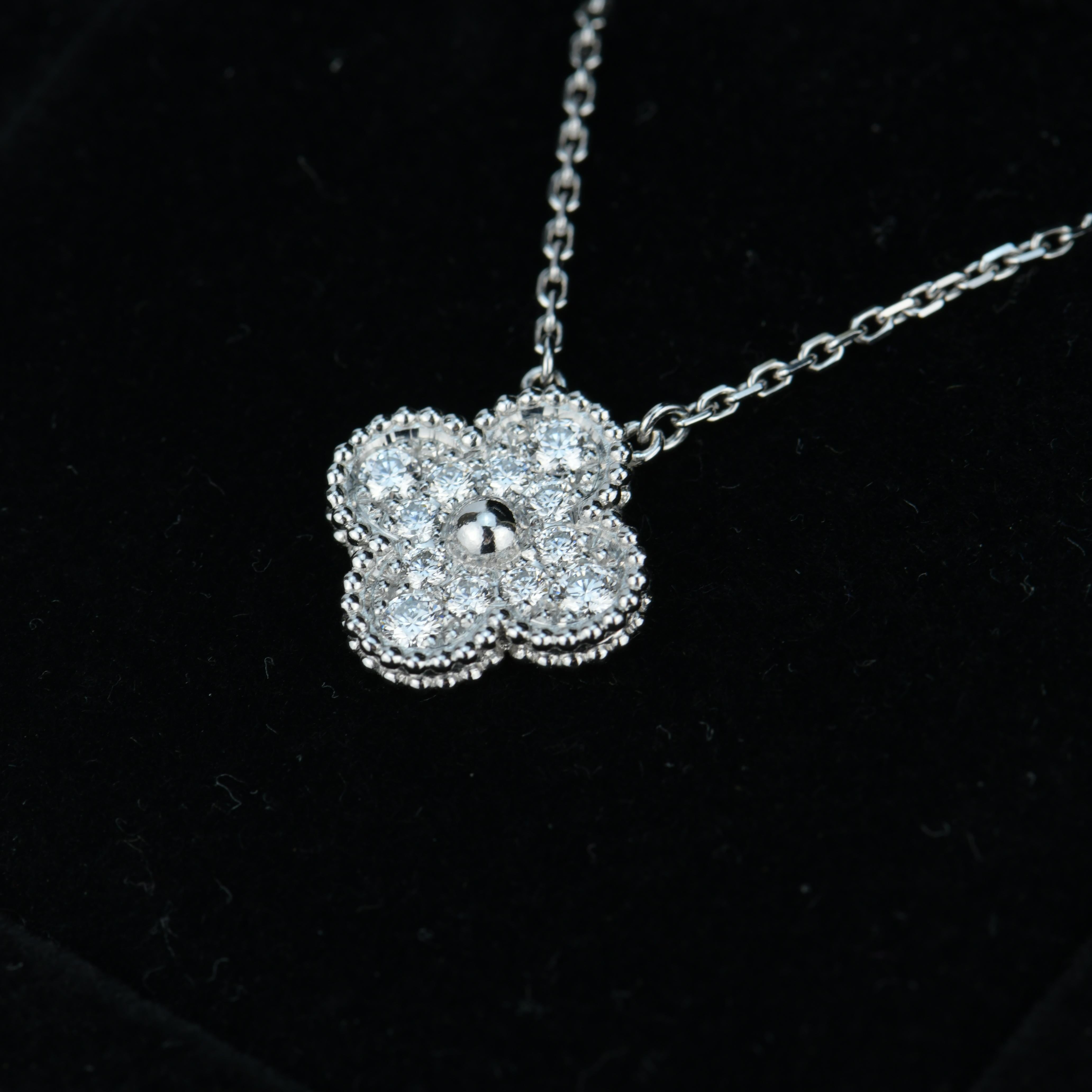 Brilliant Cut Van Cleef & Arpels Alhambra Diamond White Gold Pendant Necklace