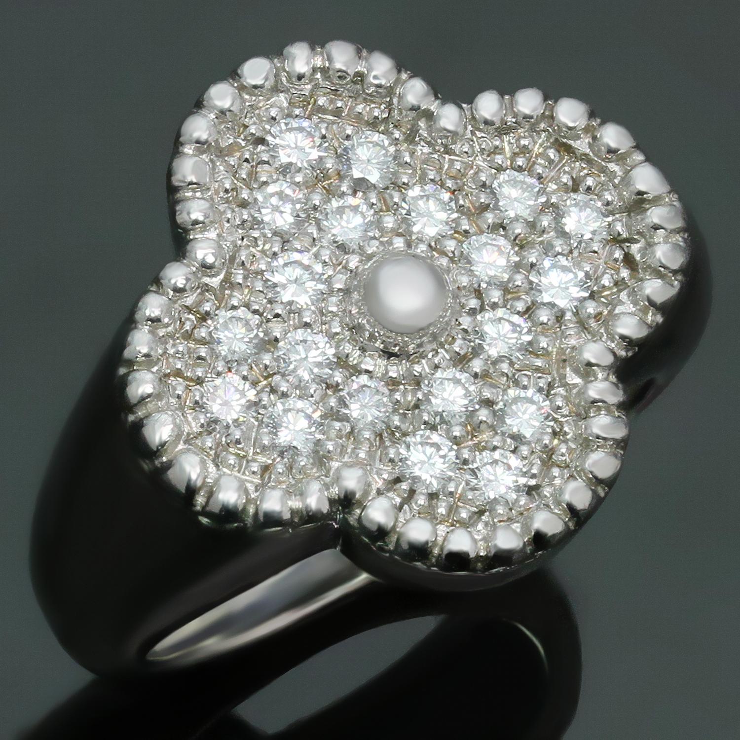 This gorgeous Van Cleef & Arpels ring from the iconic Vintage Alhambra collection features the lucky clover design crafted in 18k white gold and pave-set with brilliant-cut round diamonds of an estimated 0.75 carats. Made in France circa 2000s.