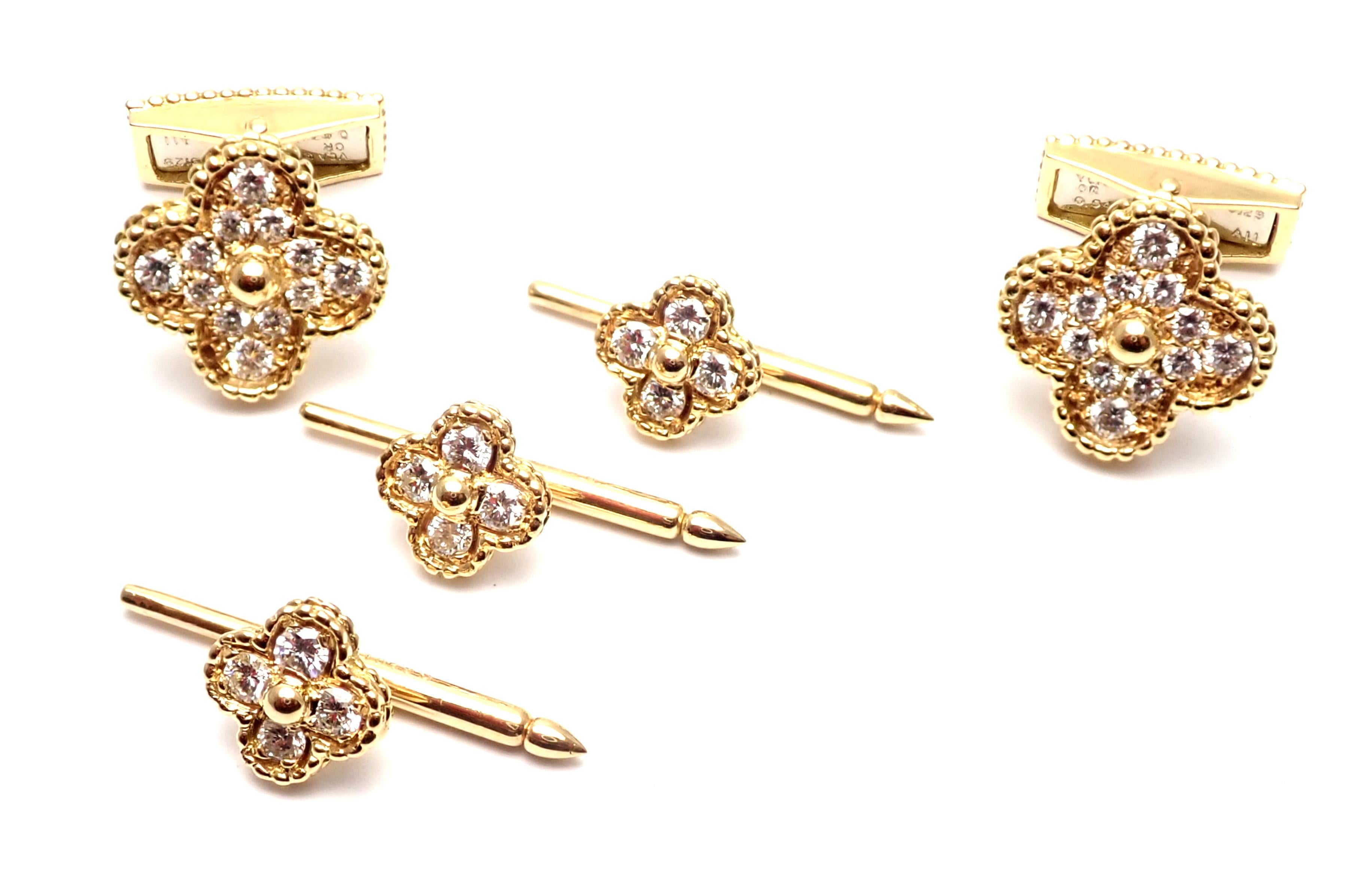 Women's or Men's Van Cleef & Arpels Alhambra Diamond Yellow Gold Cufflinks and Stud Dress Set