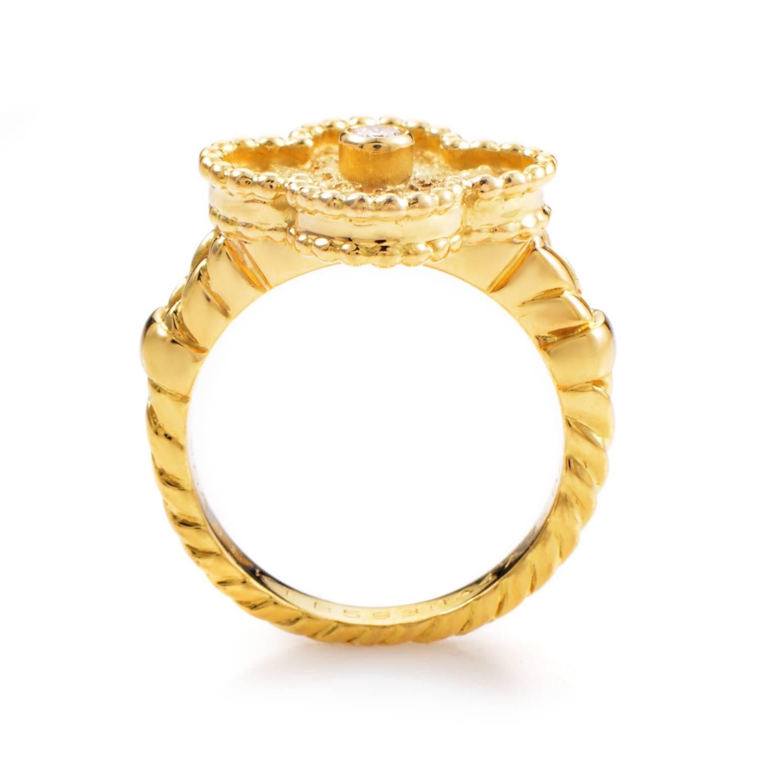 Coming from the artistic Alhambra collection designed by Van Cleef & Arpels, this extraordinary ring boasts the familiar lavish design and it’s made of regal 18K yellow gold, featuring also a 0.06ct diamond to perfectly round up the luxurious