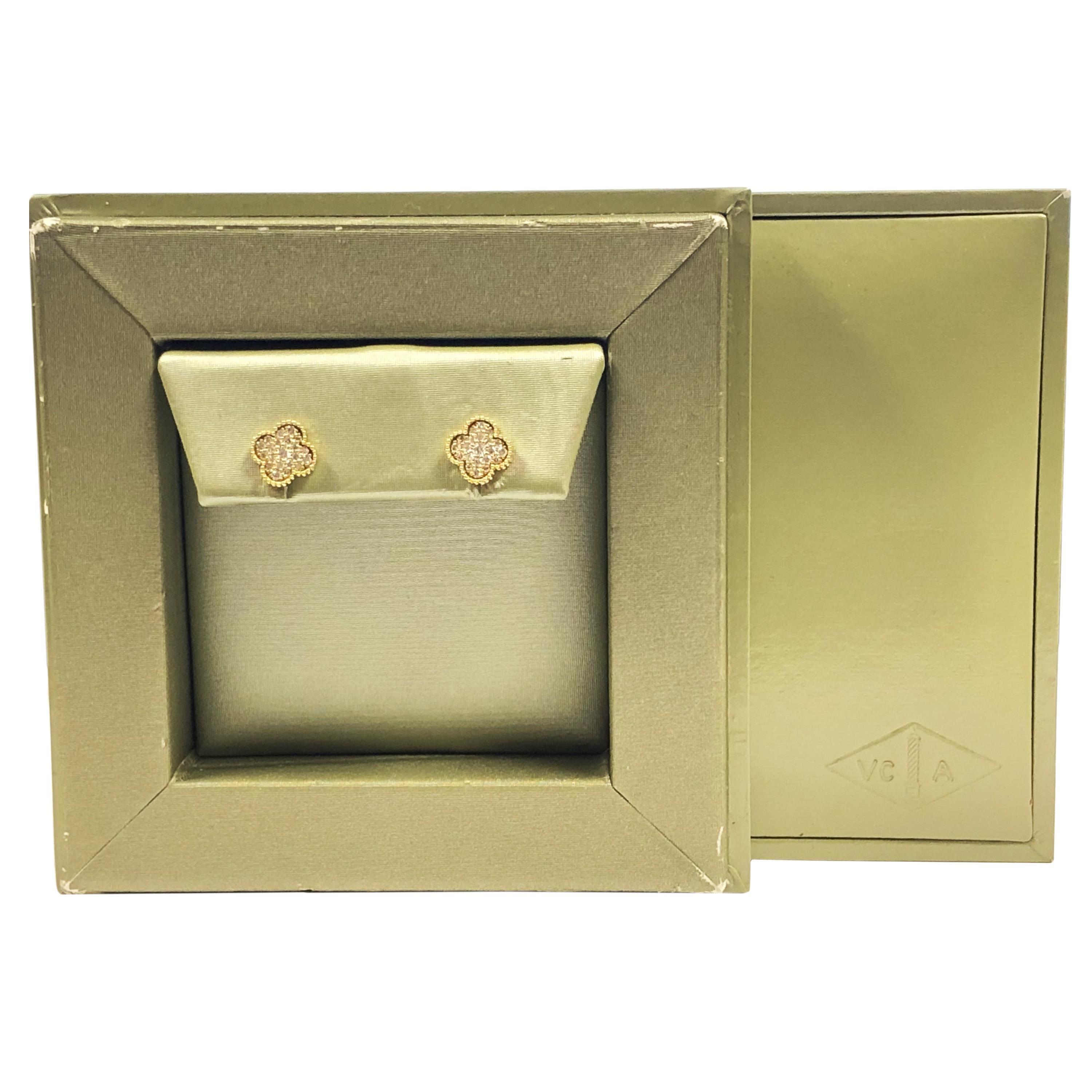 Van Cleef & Arpels Alhambra Diamond Yellow Gold Stud Earrings In Excellent Condition In Chicago, IL