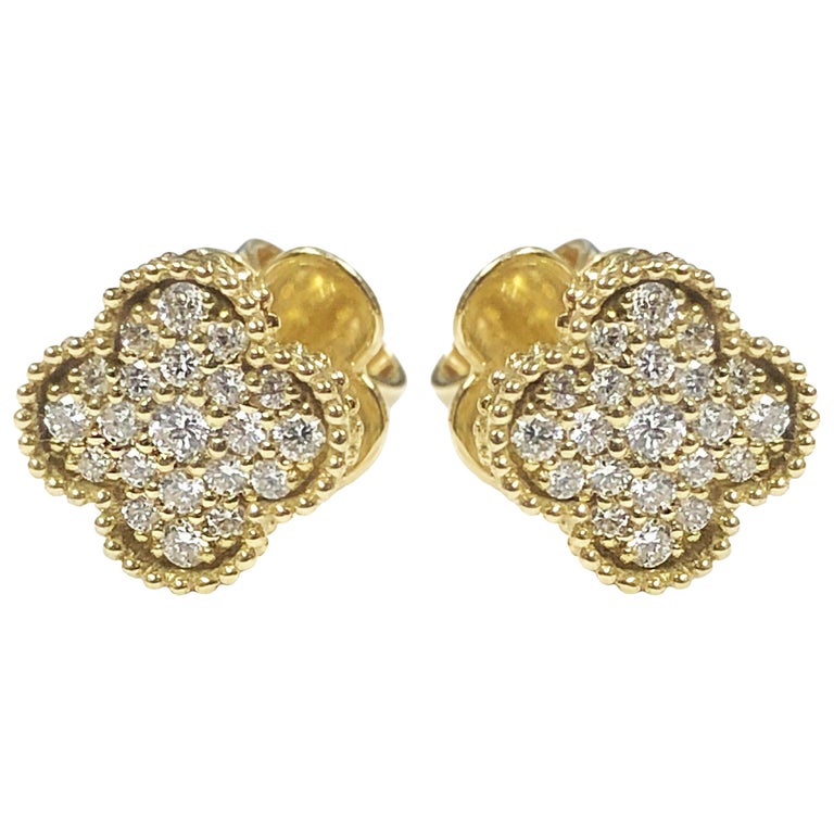 Van Cleef and Arpels Alhambra Diamond Yellow Gold Stud Earrings at 1stDibs