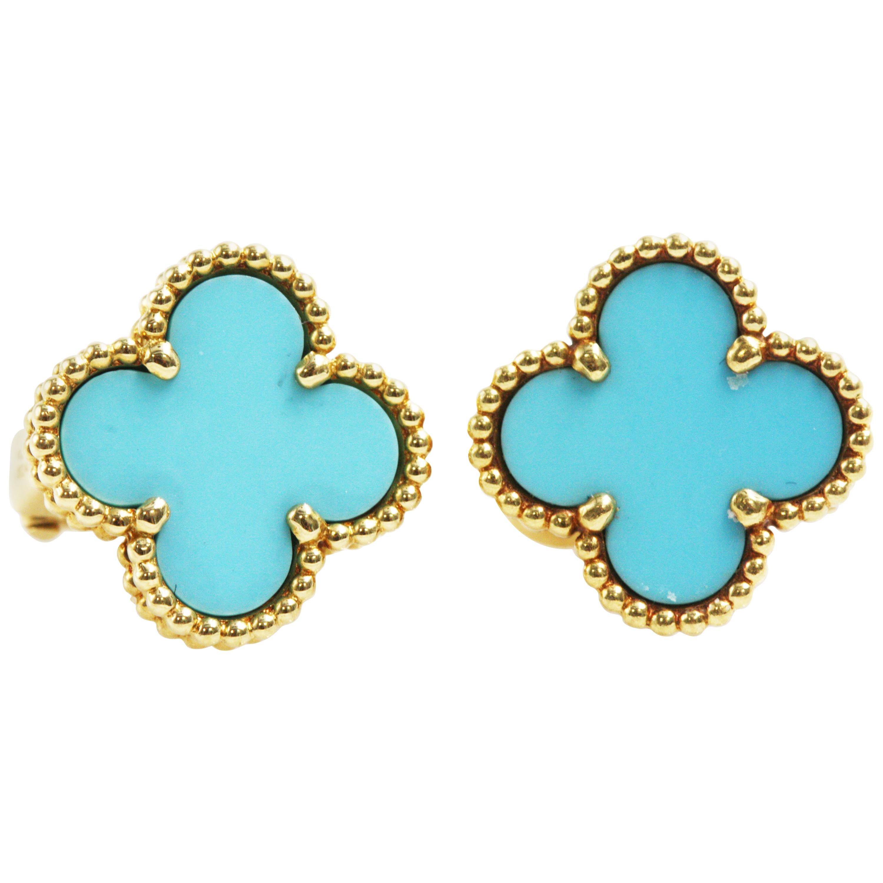 Van Cleef & Arpels Alhambra Earstuds Yellow Gold Turquoise Earrings For Sale