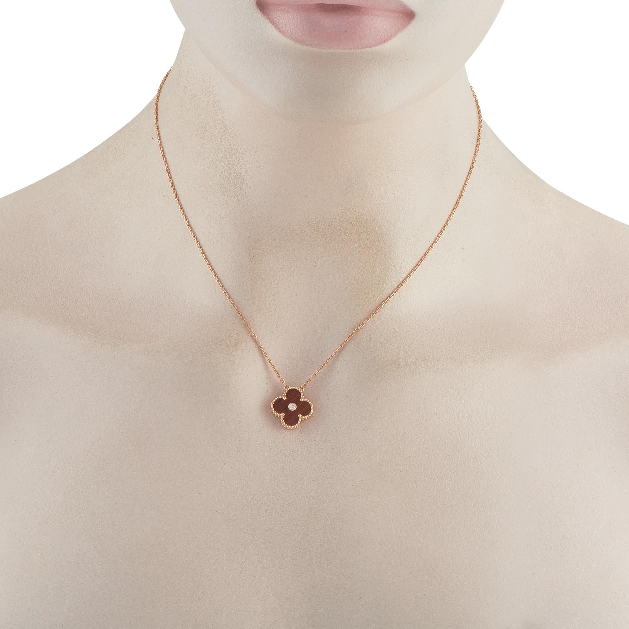 Effortless to wear and instantly recognizable, this Van Cleef & Arpels necklace stands as the perfect example of refined simplicity. It features the classic Alhambra four-leaf-clover motif as its pendant, complete with beaded edges. It carries a