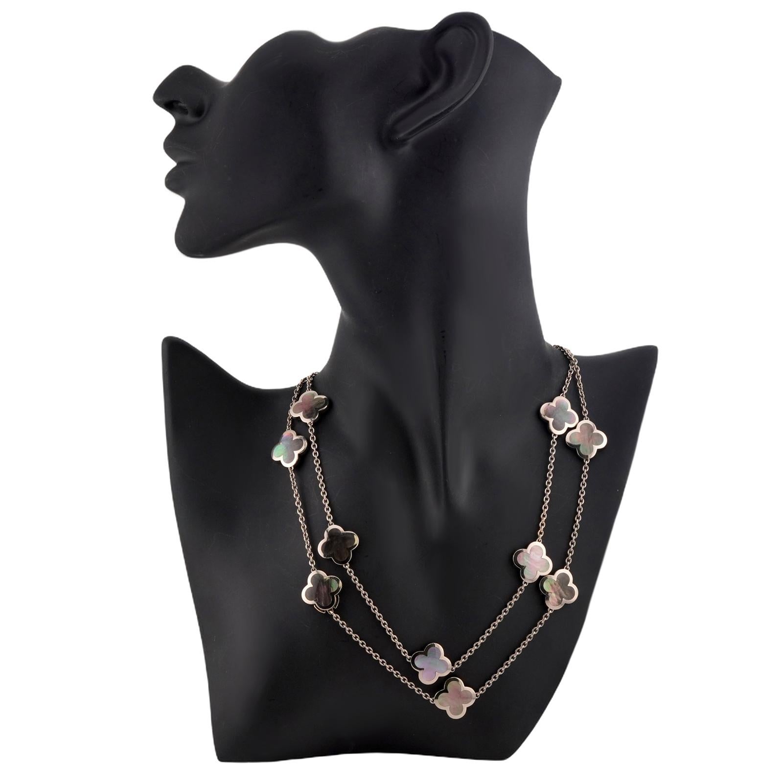 VAN CLEEF & ARPELS Alhambra Gray Mother-of-Pearl White Gold 14 Motif Necklace For Sale 1