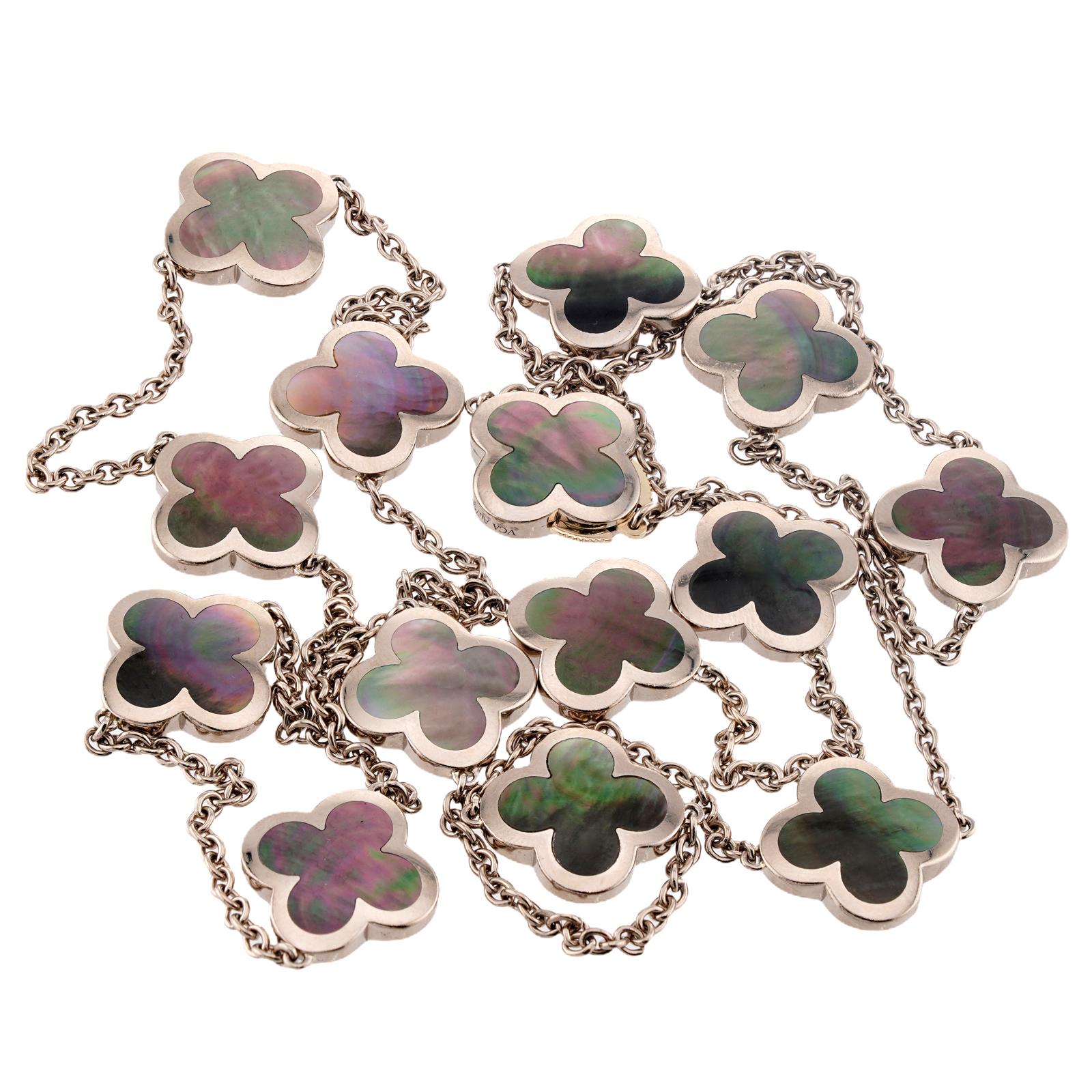 VAN CLEEF & ARPELS Alhambra Gray Mother-of-Pearl White Gold 14 Motif Necklace For Sale 3