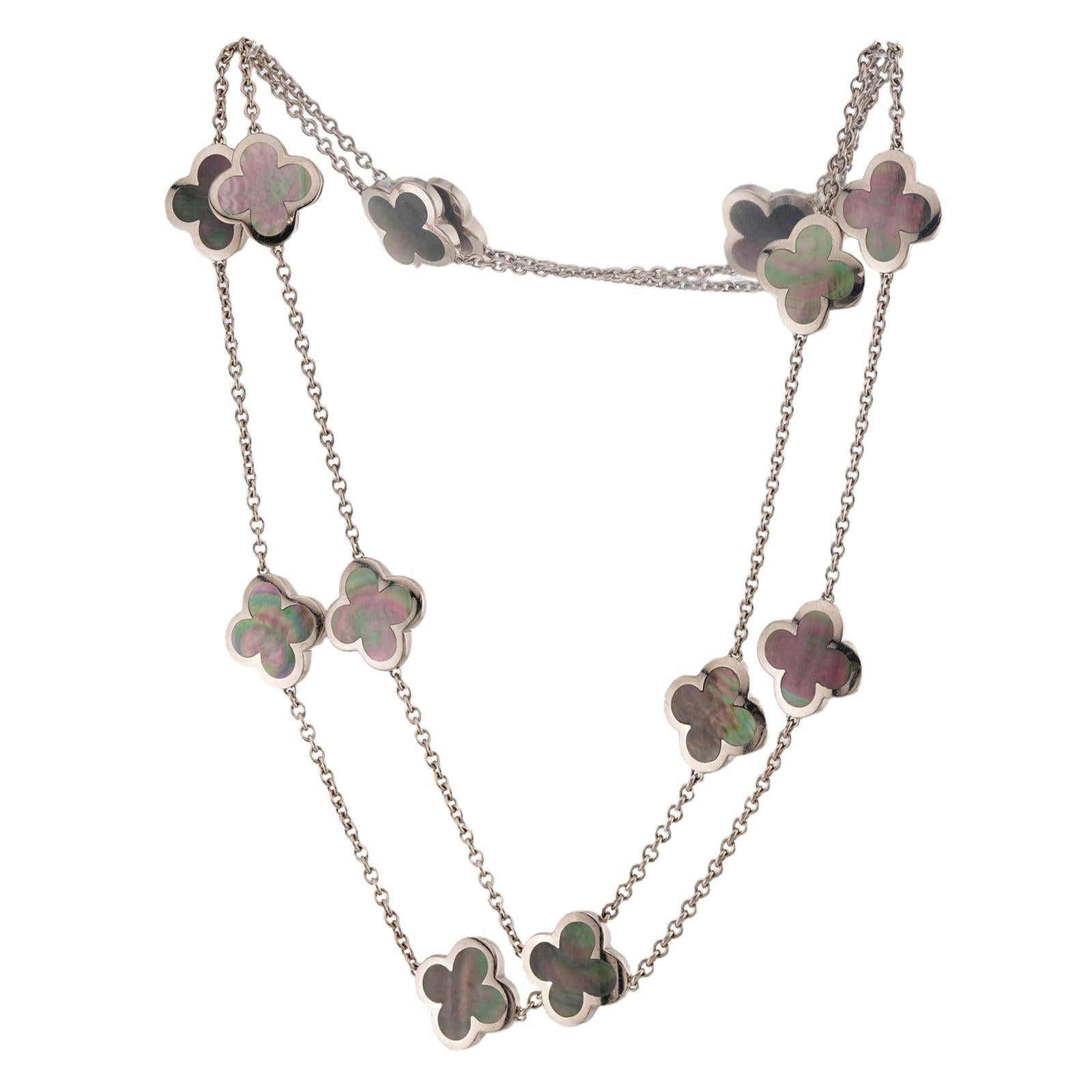 VAN CLEEF & ARPELS Alhambra Gray Mother-of-Pearl White Gold 14 Motif Necklace For Sale 4