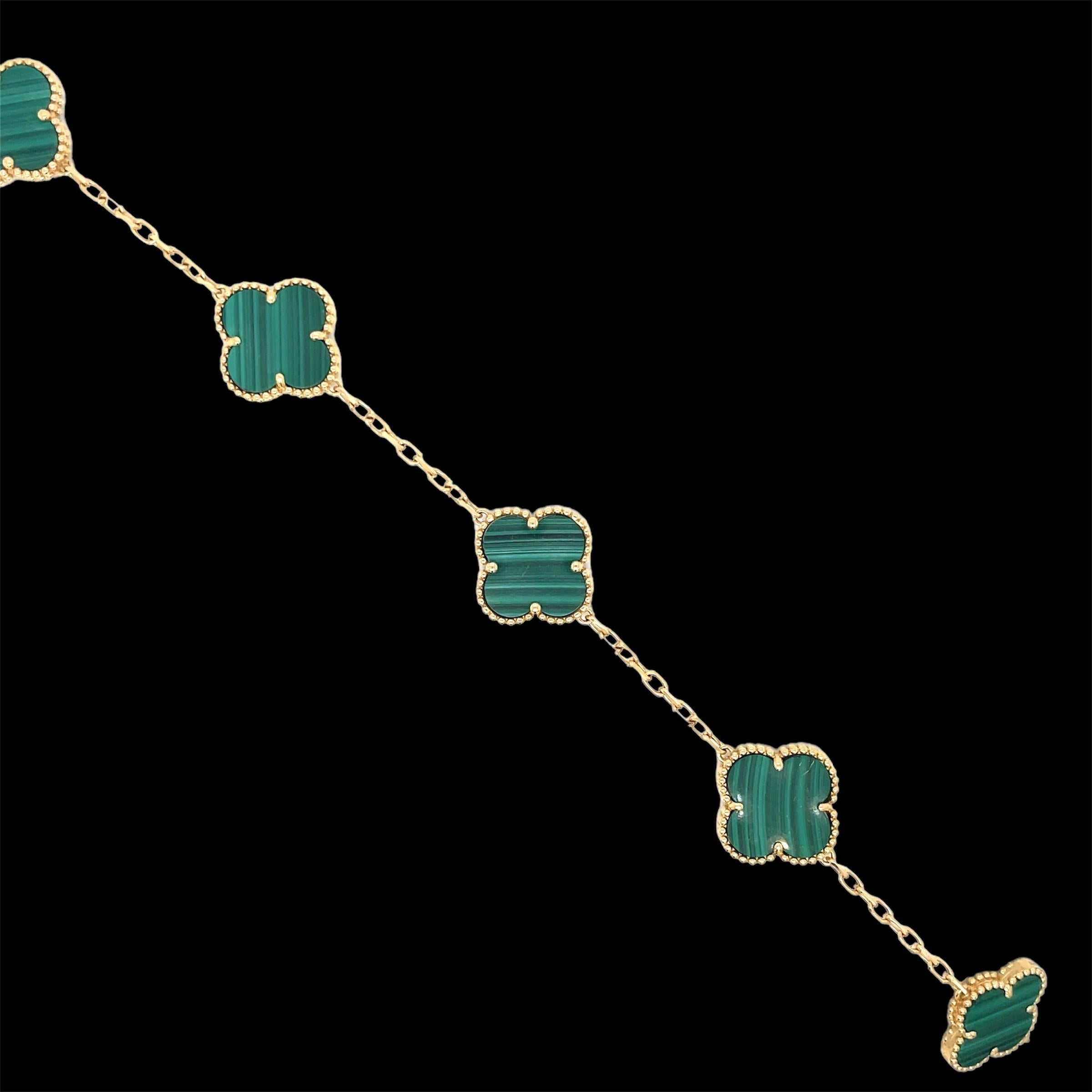 The Alhambra Bracelet in Green Malachite is a luxurious and exquisite piece of jewelry crafted by Van Cleef & Arpels. Part of the renowned Alhambra collection, this bracelet exemplifies the brand's timeless elegance and exceptional