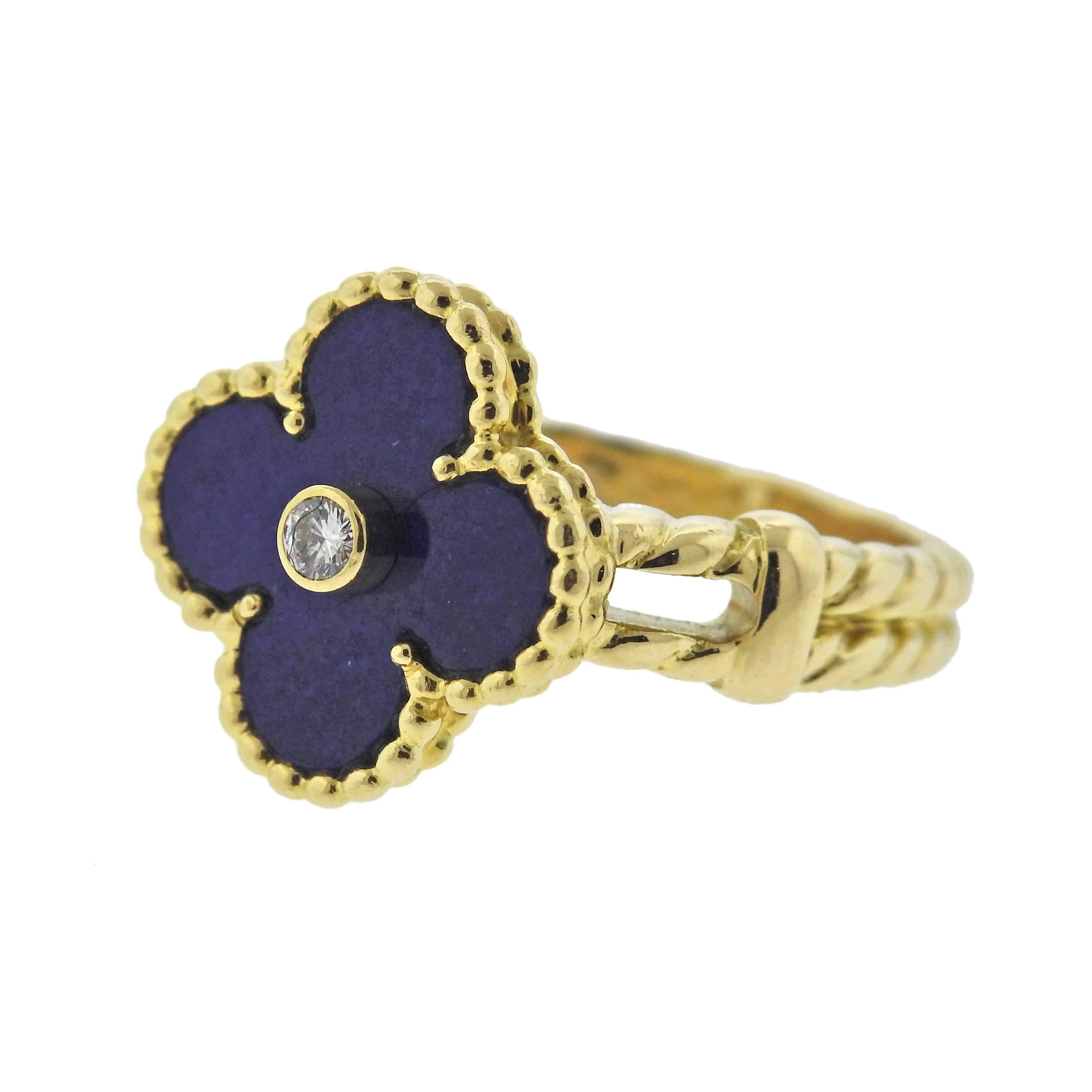 18k yellow gold Alhambra ring, crafted by Van Cleef & Arpels, featuring 0.06ct F/VVS diamond and lapis top. Ring size - 6, ring top - 15mm x 15mm, weighs 7.8 grams. Marked: VCA, 18kt, B5938****, 0.06ct. 