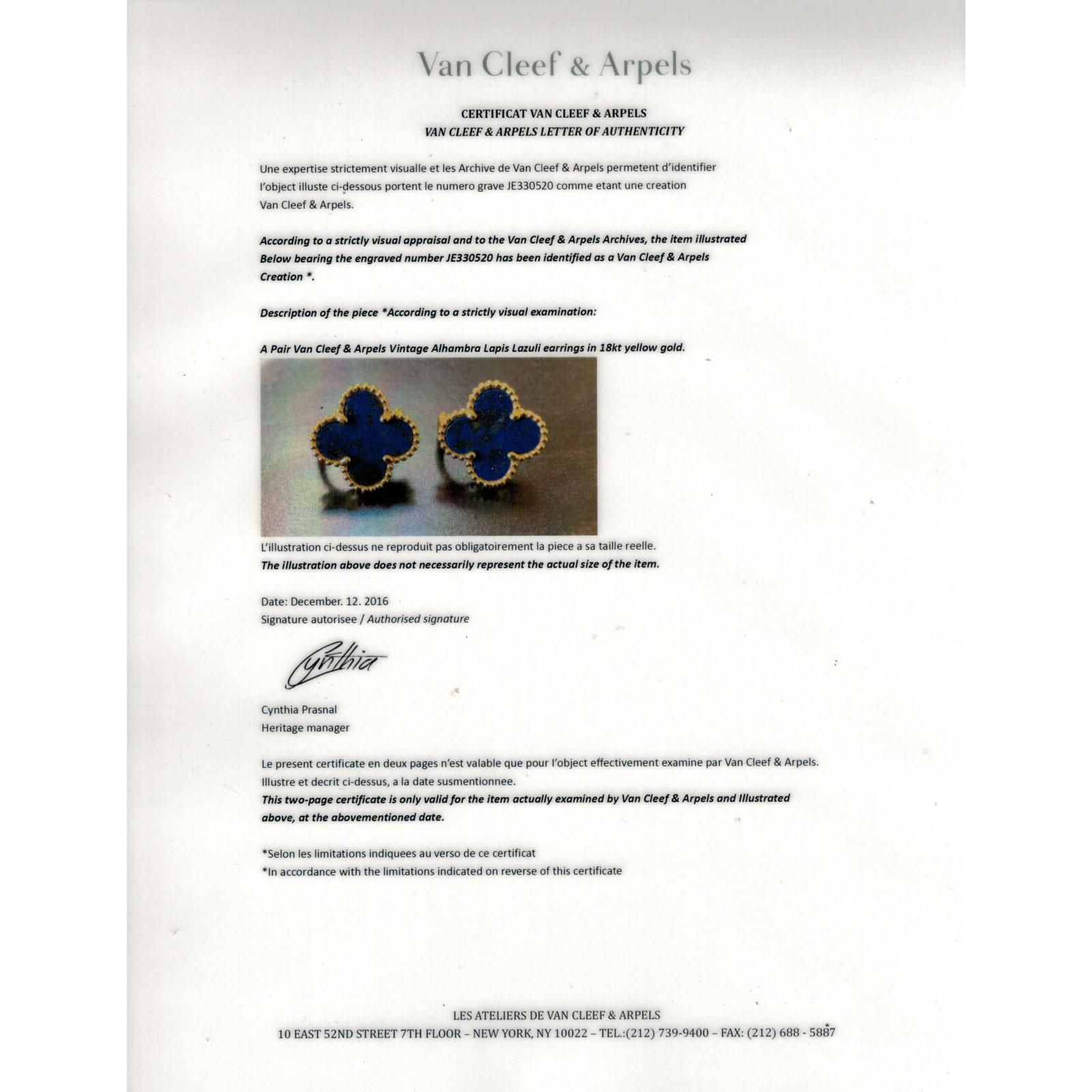 Modern Van Cleef & Arpels Alhambra Lapis Lazuli Clover 18 Karat Yellow Gold Earrings