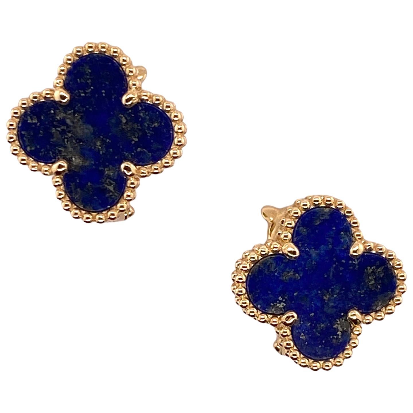 Van Cleef & Arpels Alhambra Lapis Lazuli Clover 18 Karat Yellow Gold Earrings
