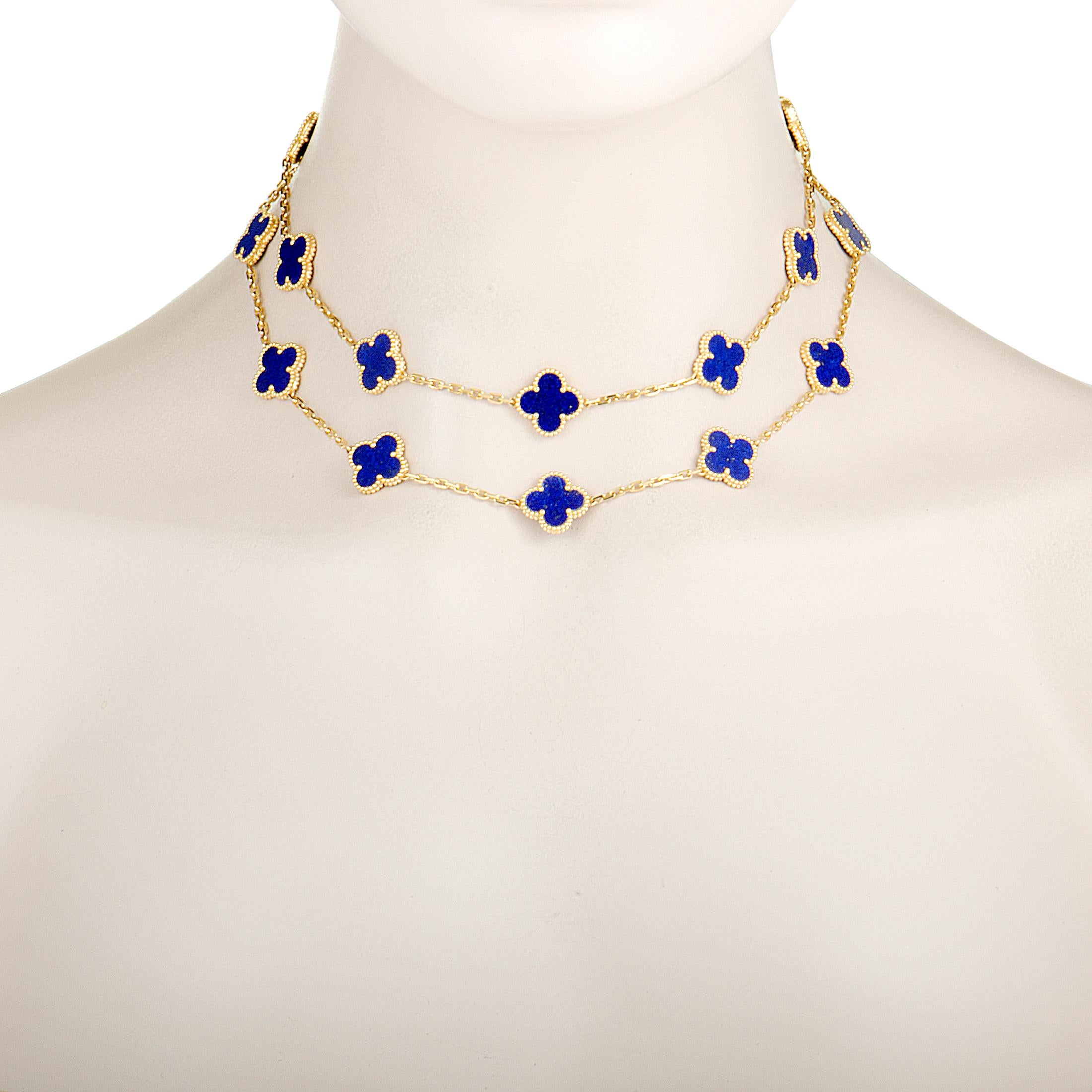 Perfectly complementing the luxurious radiance of 18K yellow gold, the fascinating lapis lazuli gives an incredibly high-end appeal to this exquisite necklace that is presented by Van Cleef & Arpels within the iconic “Alhambra” collection.
Included