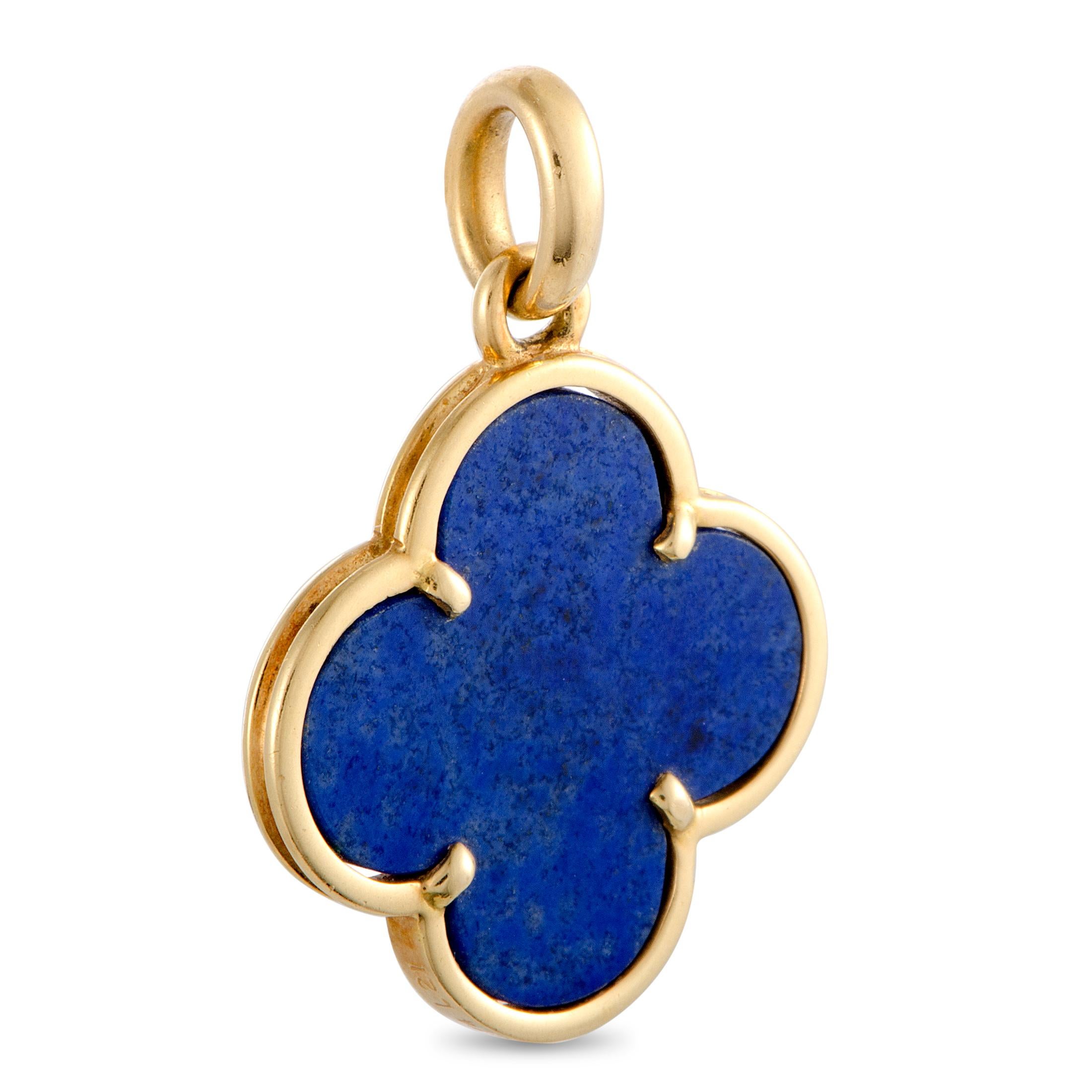 The Van Cleef & Arpels “Alhambra” pendant is made of 18K yellow gold and set with a lapis lazuli. The pendant weighs 4.3 grams, measuring 1.25” in length and 1.00” in width.

This item is offered in estate condition and includes a gift pouch.