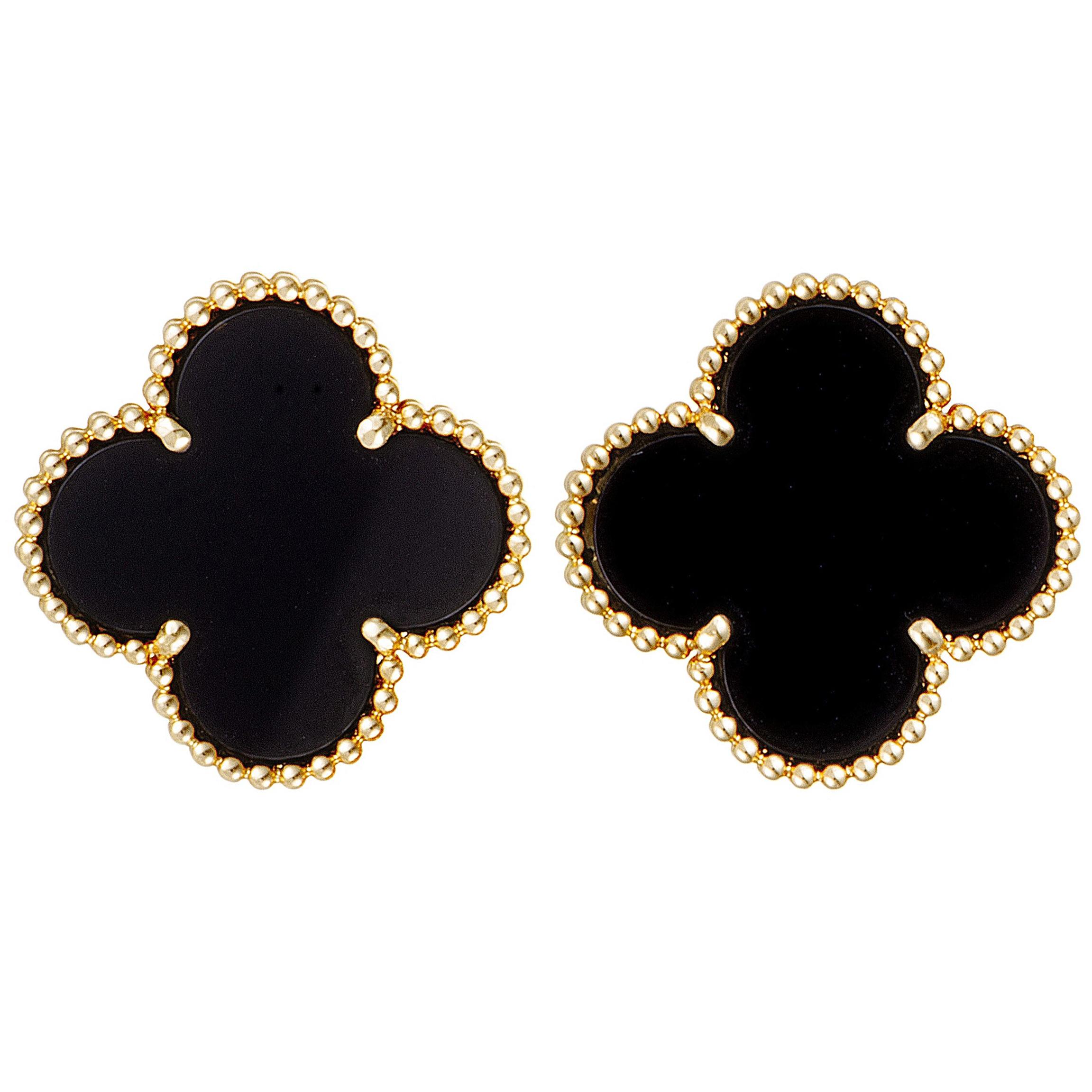 Van Cleef & Arpels Alhambra Large 18 Karat Yellow Gold Onyx Clip-On Earrings