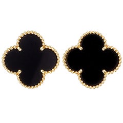 Van Cleef & Arpels Alhambra Large 18 Karat Yellow Gold Onyx Clip-On Earrings