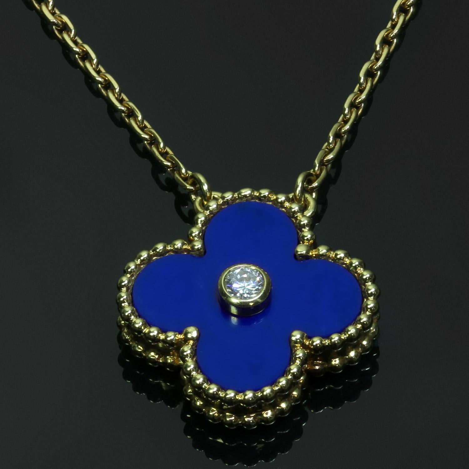 This iconic Limited Edition Van Cleef & Arpels necklace from the Alhambra collection is crafted in 18k yellow gold and features a one-sided lucky clover pendant inlaid with blue lapis lazuli. Made in France circa 2010s. The necklace is presented