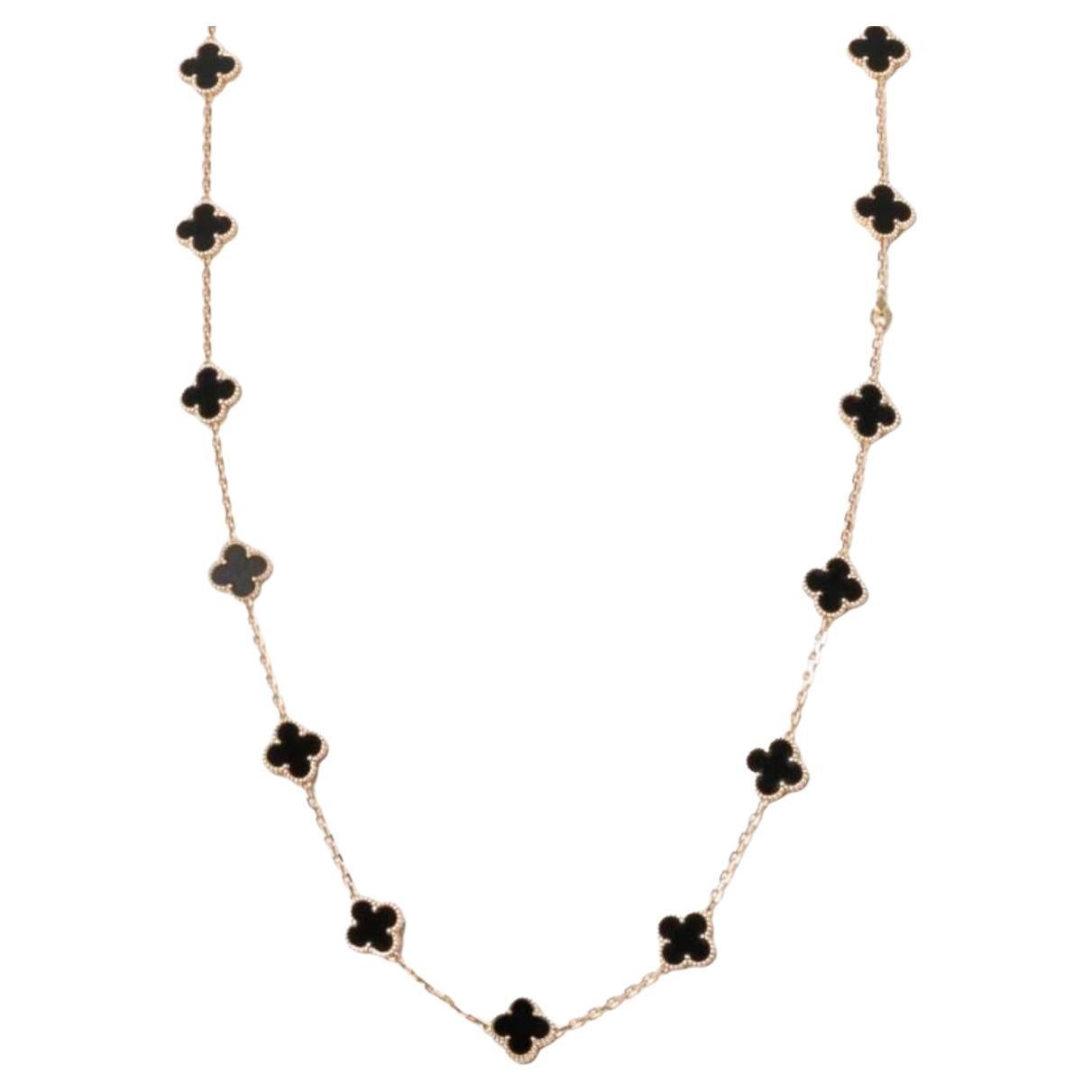 Van Cleef & Arpels Alhambra Long Onyx & Gold Necklace, 20 Motifs