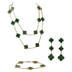 Van Cleef & Arpels Alhambra Malachite 18K Gold Suite Necklace Bracelet Earrings