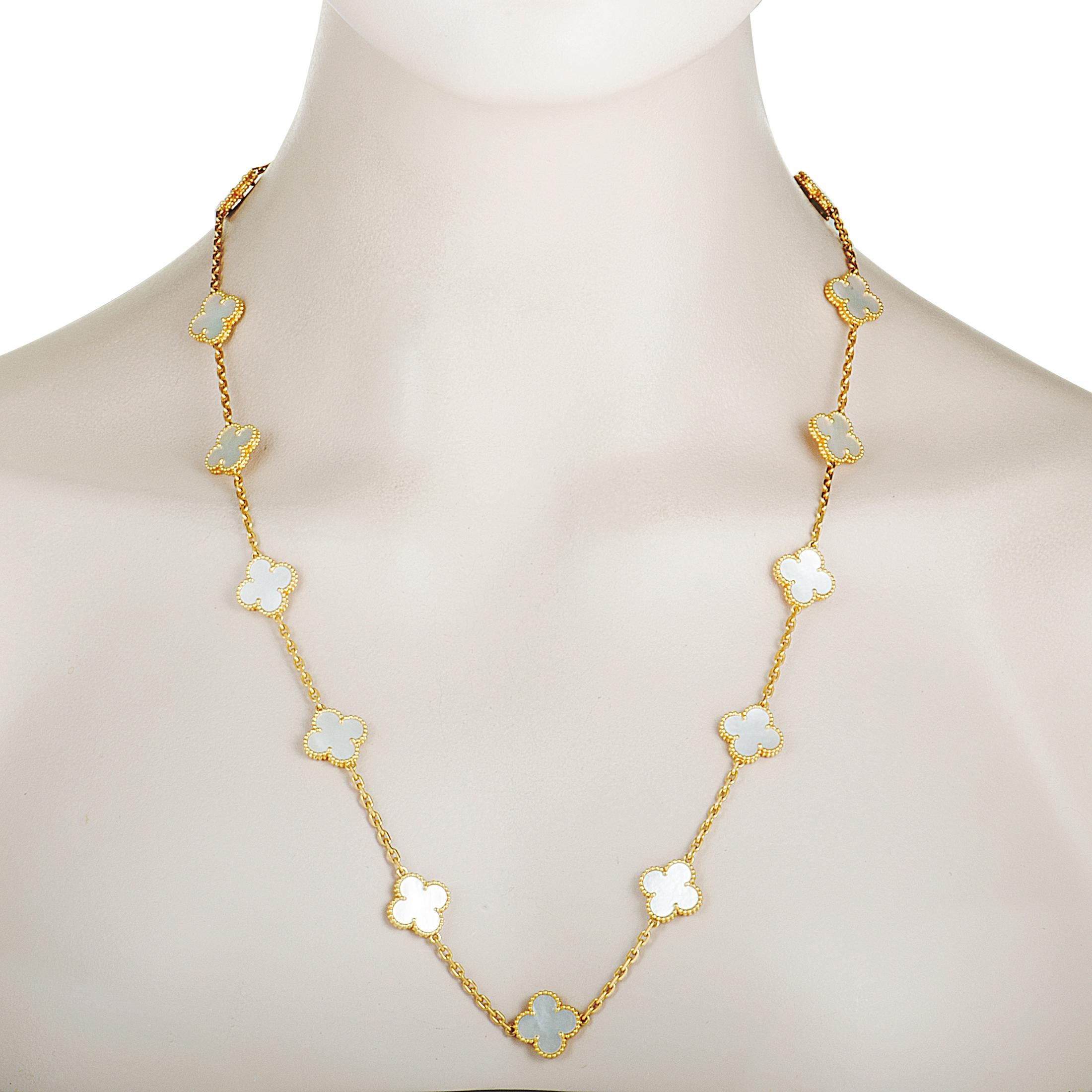 Van Cleef & Arpels Alhambra Mother of Pearl Yellow Gold 20-Motif Necklace In Excellent Condition In Southampton, PA