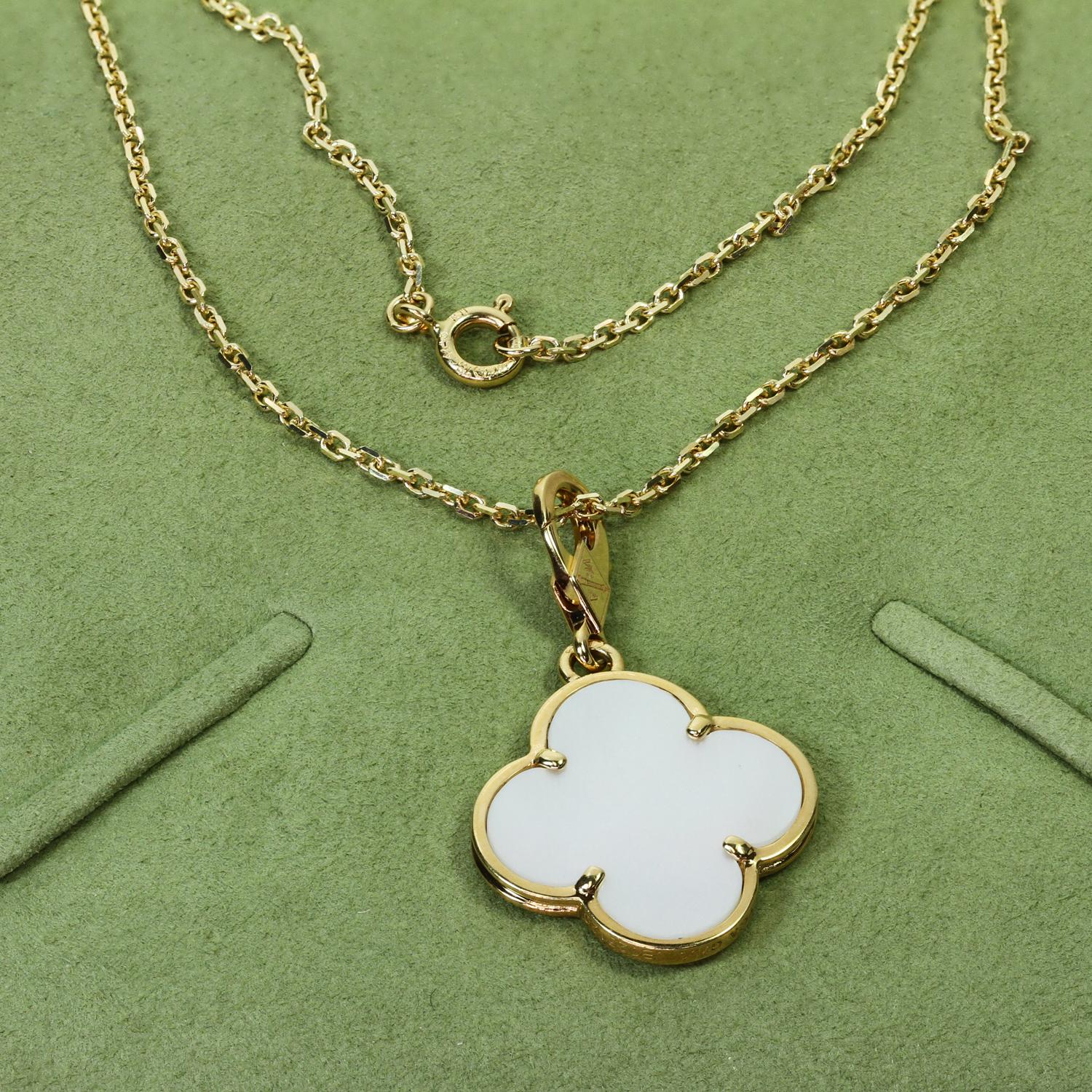 This iconic Van Cleef & Arpels Alhambra pendant necklace features the festive lucky clover design crafted in 18k yellow gold and inlaid with mother-of-pearl. Made in France circa 2000s. Measurements: 0.78