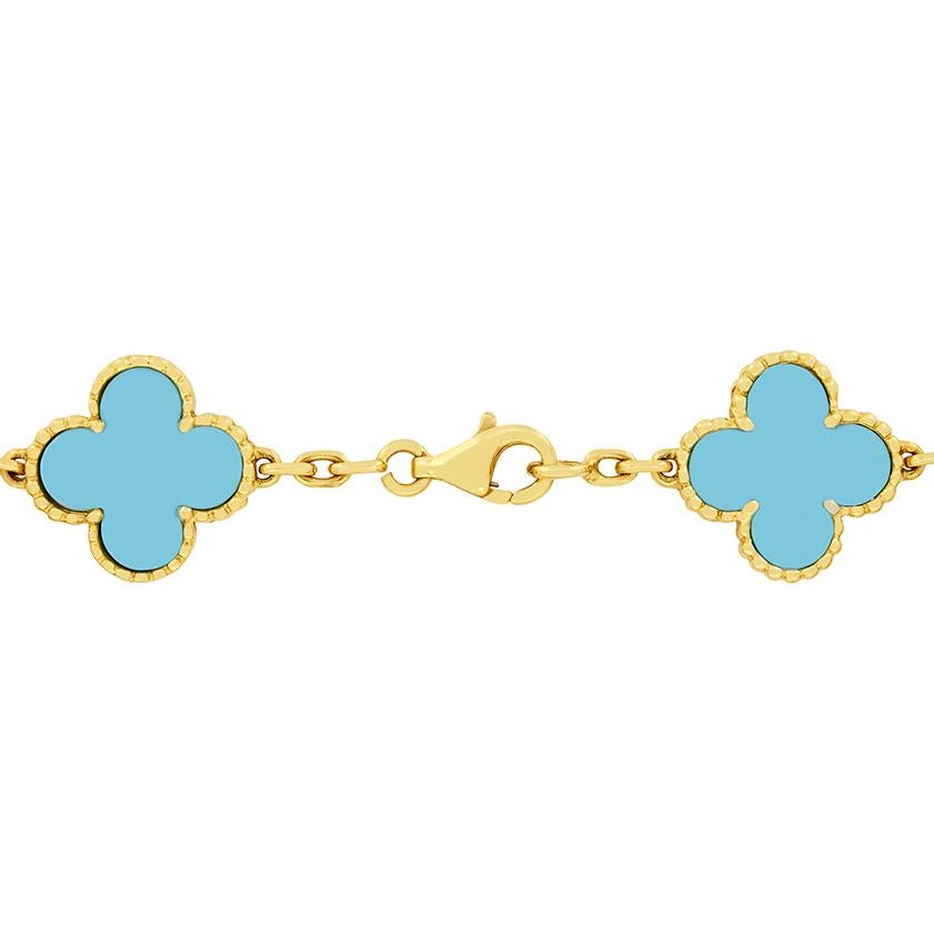 An extremely rare find is this astonishing original Van Cleef & Arpels Alhambra Motif bracelet set with five turquoises. The chosen metal for this magnificent item of jewellery was 18ct yellow gold. The bracelet measures 18.5cm long and it comes
