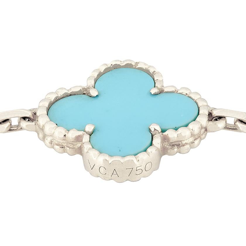 An extremely rare find is this wonderful original Van Cleef & Arpels bracelet from their iconic Alhambra collection. The five Alhambra motifs are made in turquoise and set into 18 carat white gold. The bracelet measures 19cm long and it comes with