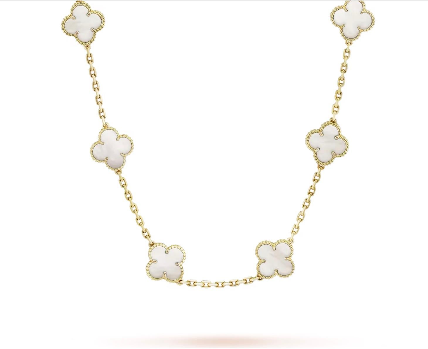 Van Cleef and Arpels Vintage Alhambra long necklace, 20 motifs, 18K yellow gold, white mother-of-pearl.

Signed, numbered and marked.
Original document from Van Cleef and Arpels. Purchased at the Van Cleef and Arpels boutique in GENEVE,