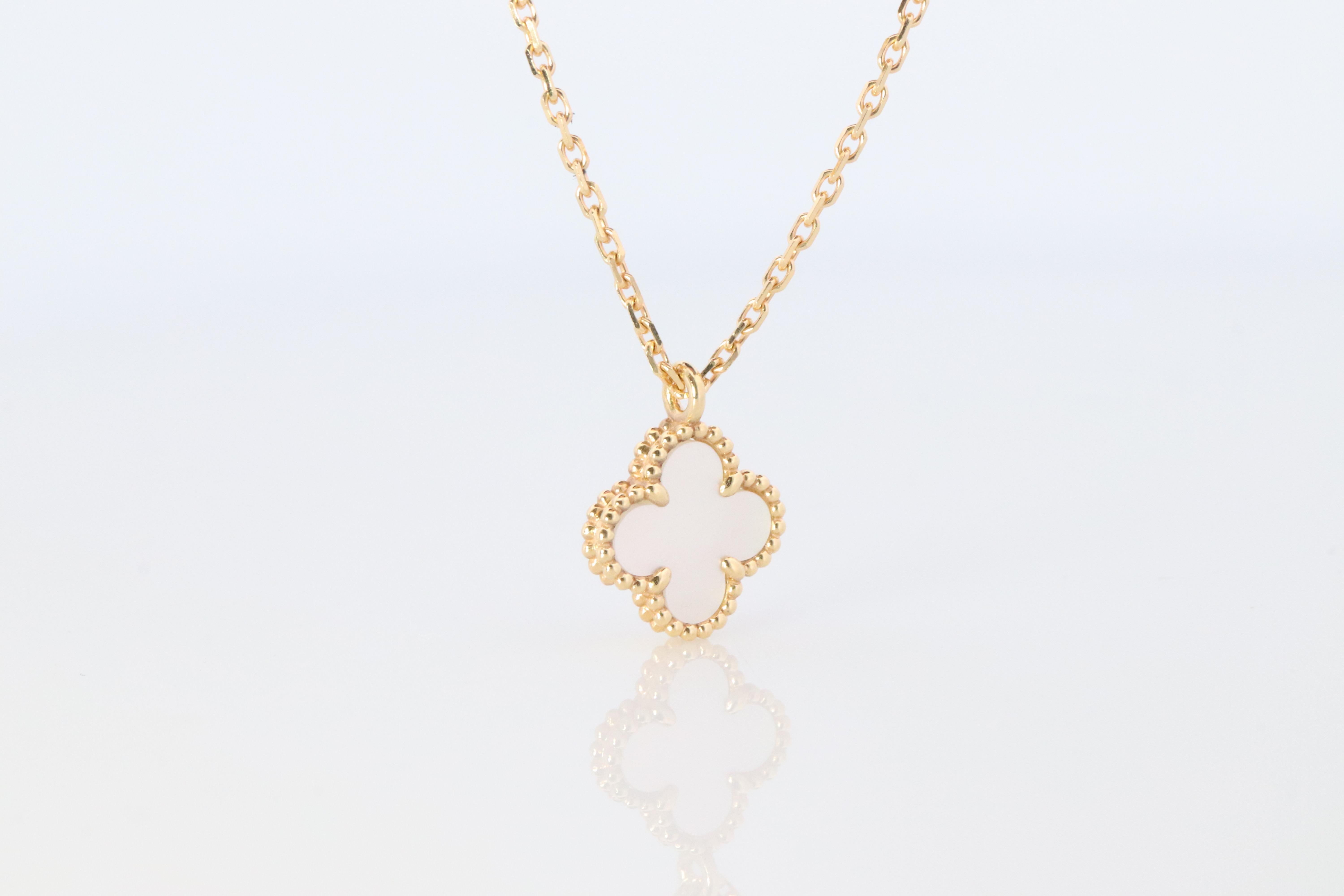 Round Cut Van Cleef Arpels Alhambra Necklace . Genuine VCA 18k YG Mother of Pearl Pendant