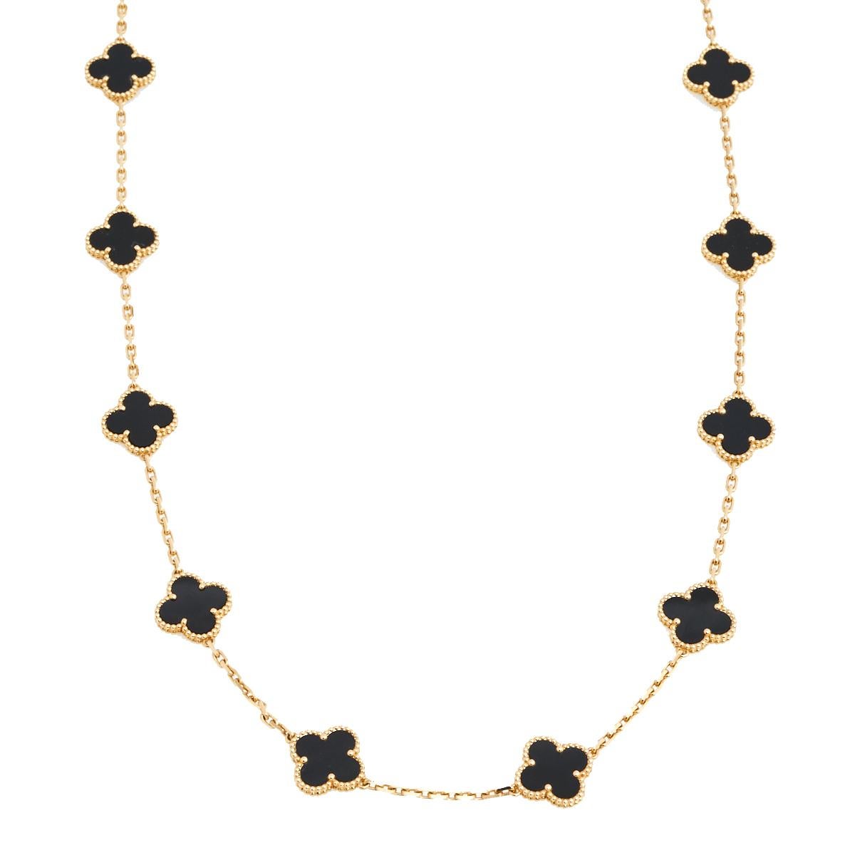 This long station necklace heralds Van Cleef & Arpels' power to create magical pieces of jewelry. The creation is from the Vintage Alhambra line and it arrives in a harmonious gathering of 20 Alhambra motifs, each set with onyx. The necklace is made
