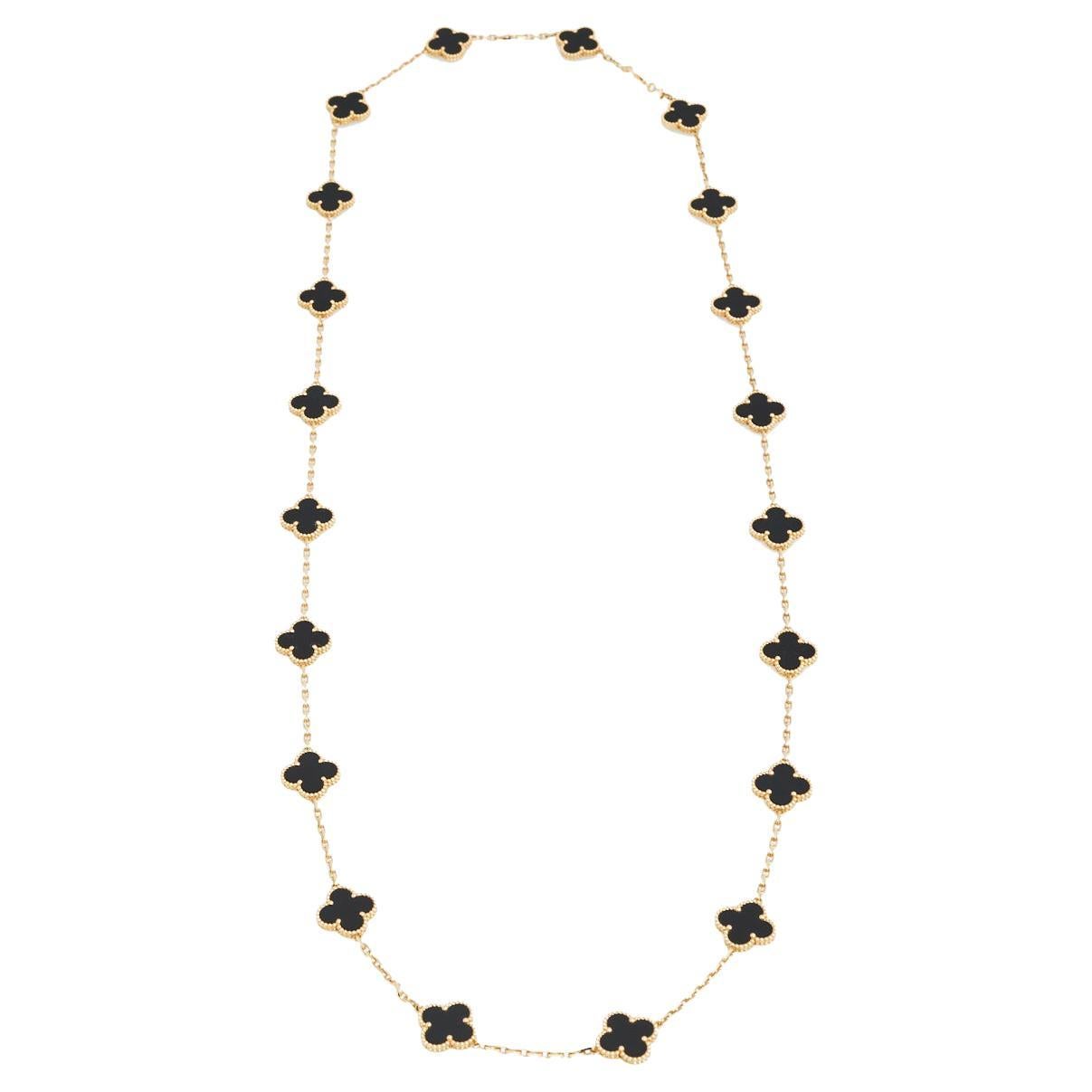 Van Cleef & Arpels Alhambra Onyx 20 Motif 18K Yellow Gold Long Station Necklace
