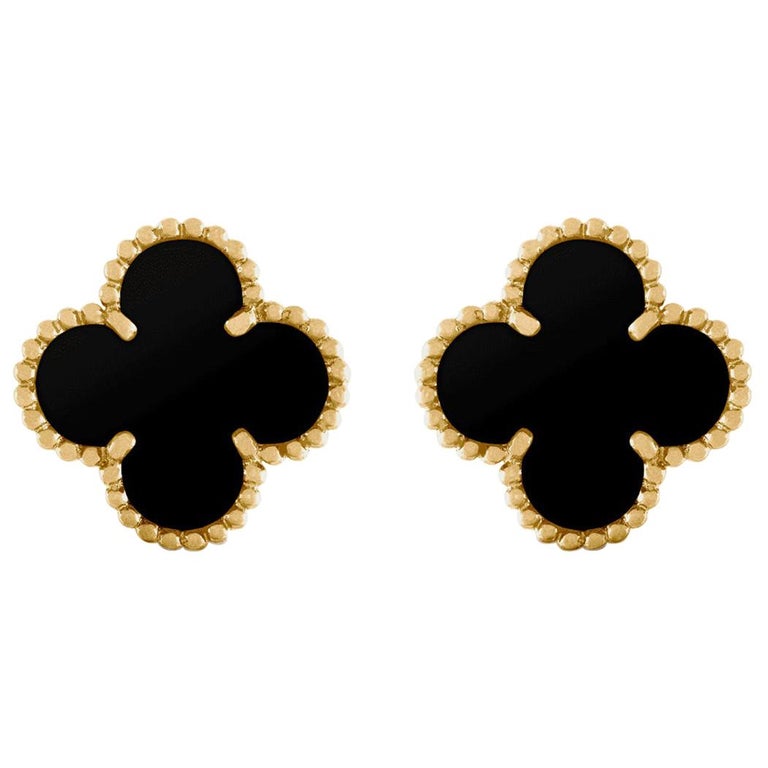 Van Cleef and Arpels Alhambra Onyx Earrings 18 Karat Yellow Gold at 1stdibs