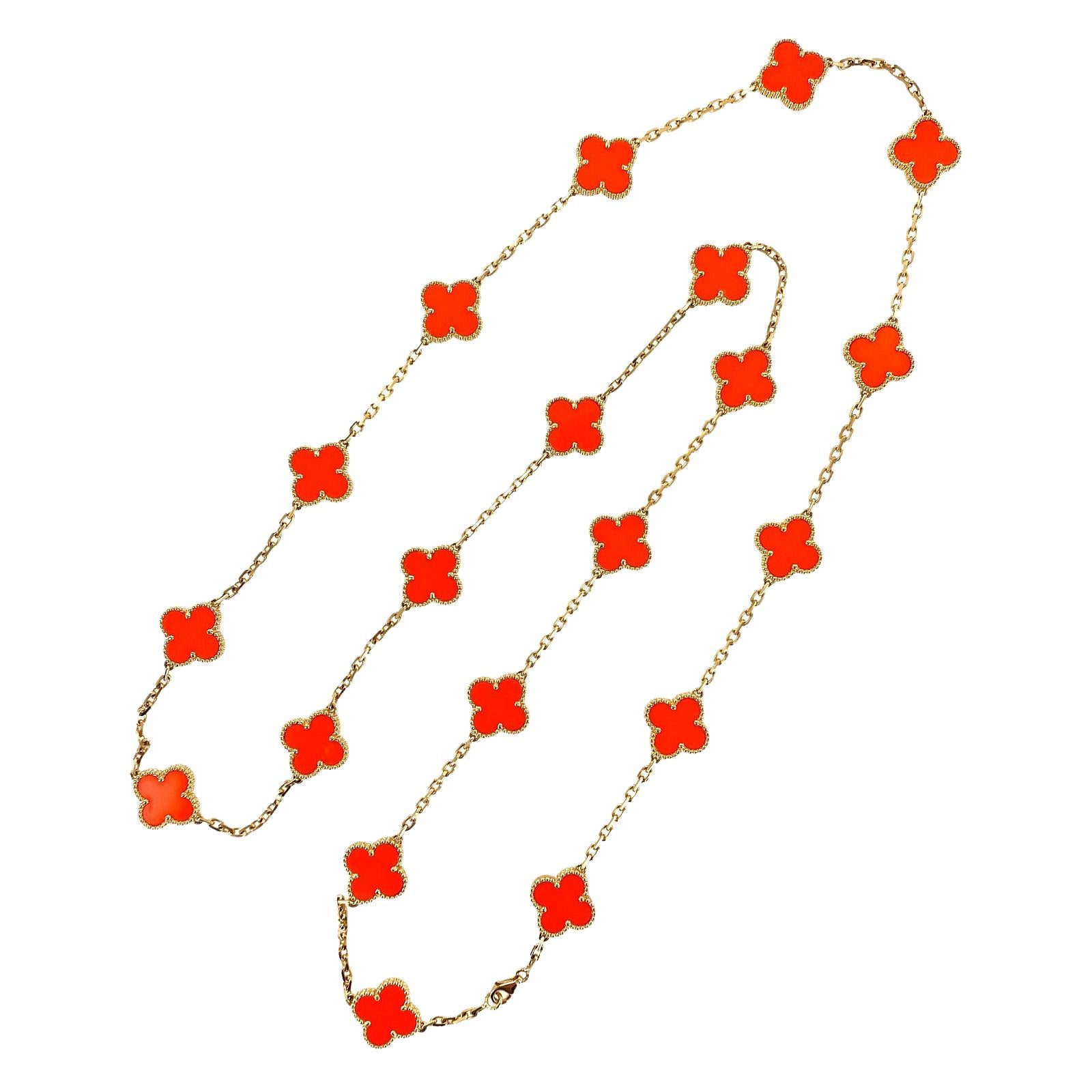 Van Cleef & Arpels Alhambra Orange Coral 20 Motif Vintage 18 Karat Gold Necklace