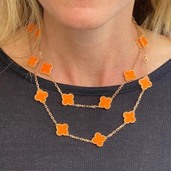 Van Cleef & Arpels Alhambra Orange Coral 20 Motif Vintage 18 Karat Gold Necklace