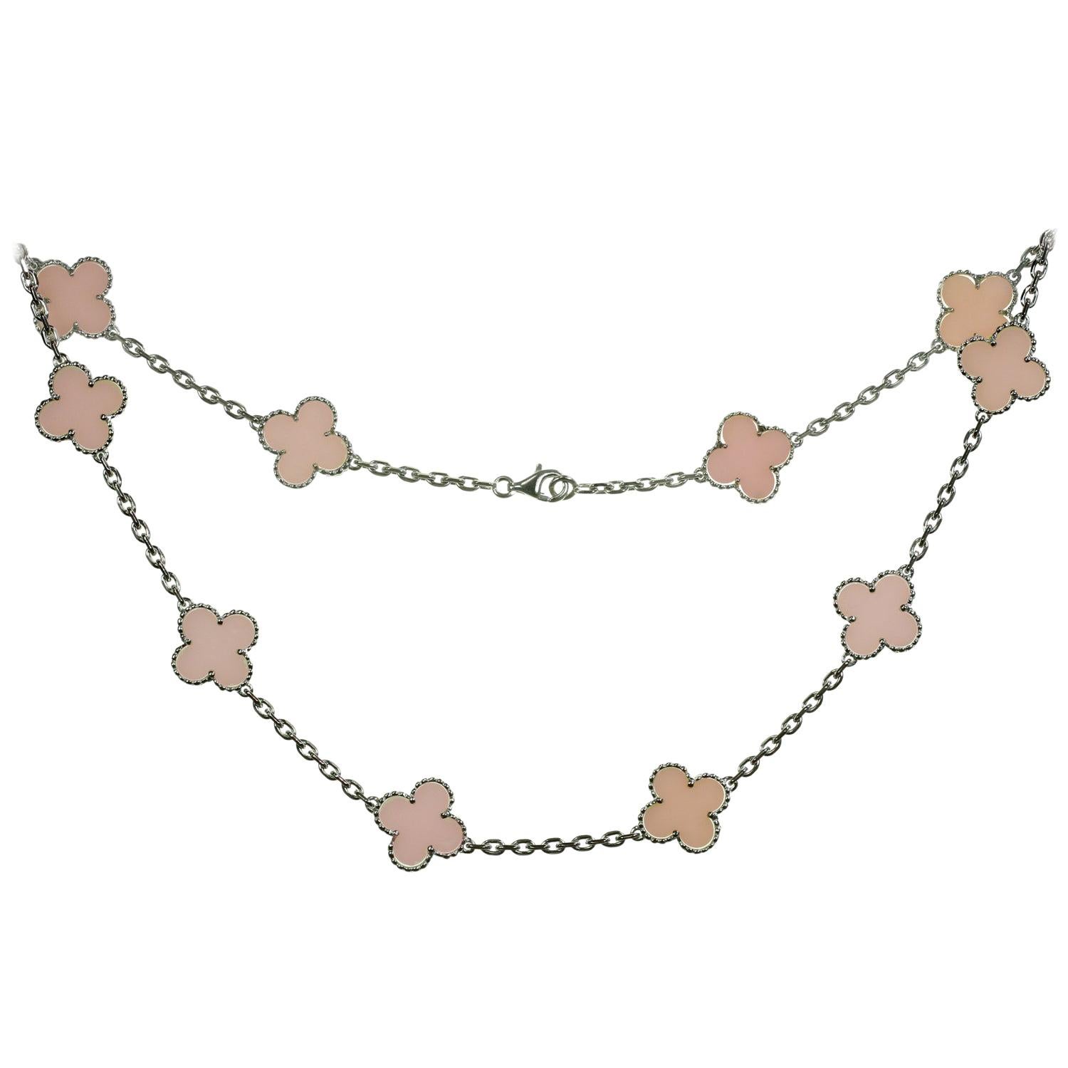 Van Cleef & Arpels Alhambra Pink Opal 18 Karat White Gold 10 Motif Necklace