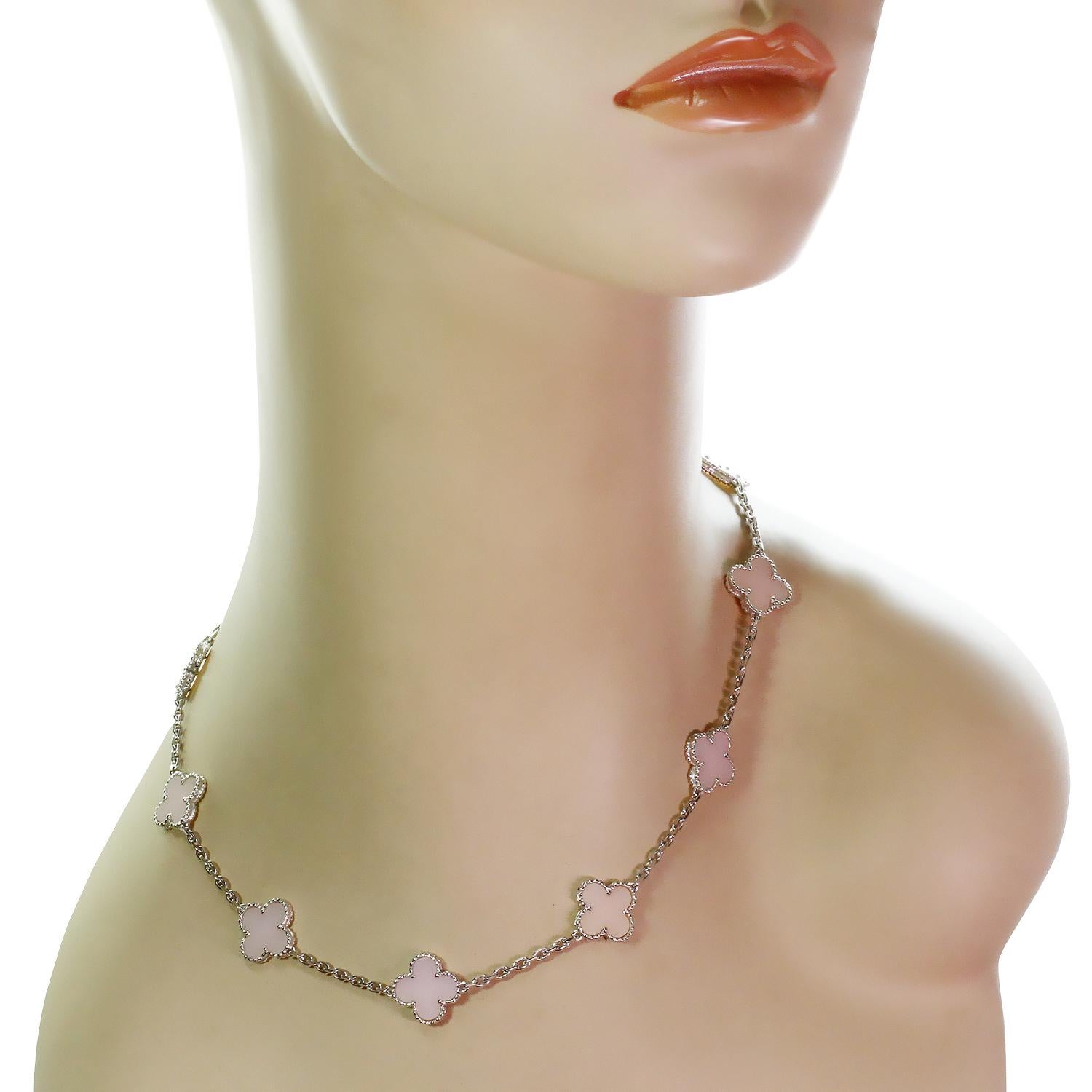 Mixed Cut Van Cleef & Arpels Alhambra Pink Opal 18 Karat White Gold 10 Motif Necklace