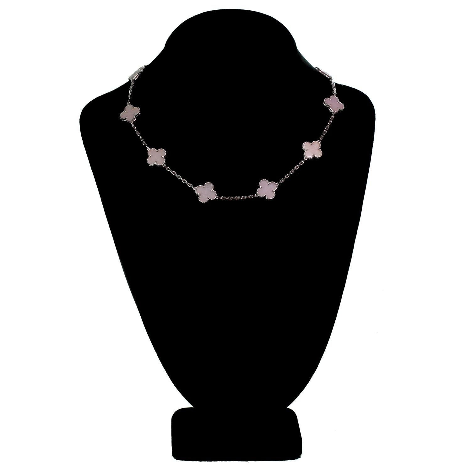 Van Cleef & Arpels Alhambra Pink Opal 18 Karat White Gold 10 Motif Necklace In Excellent Condition In New York, NY