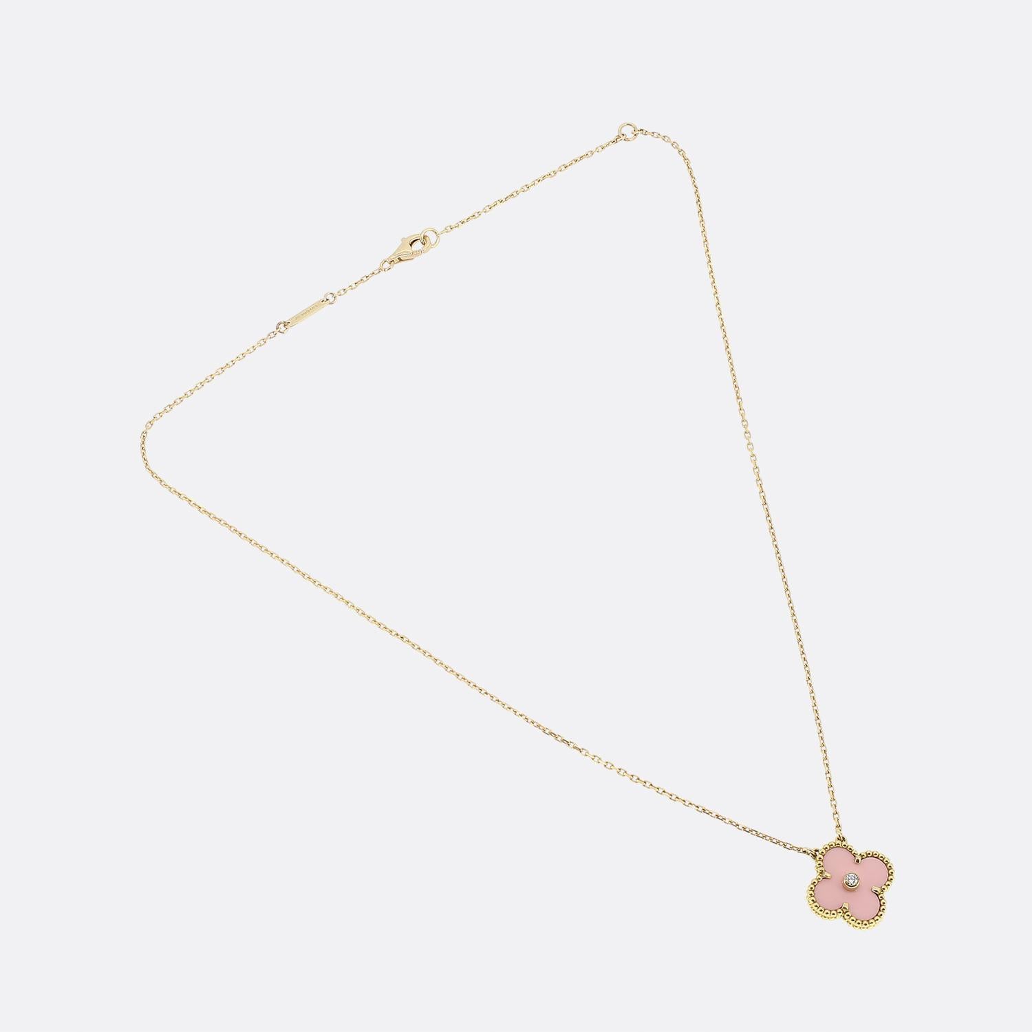 Round Cut Van Cleef & Arpels Alhambra Pink Porcelain and Diamond Necklace For Sale