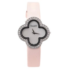 Van Cleef & Arpels Alhambra Quartz Watch White Gold and Satin with Diamond Bezel