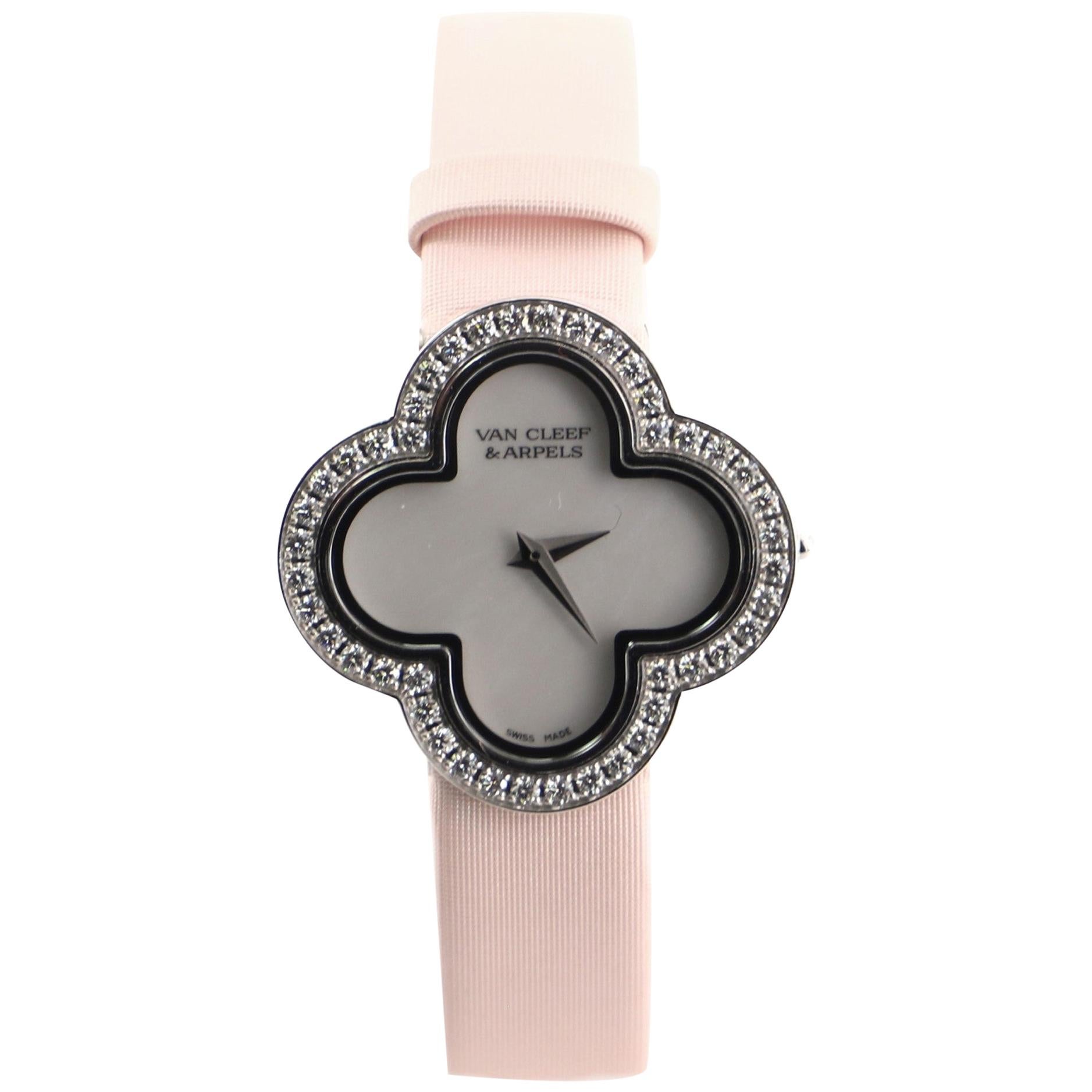 Van Cleef & Arpels Alhambra Quartz Watch White Gold and Satin with Diamond Bezel