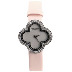 Van Cleef & Arpels Alhambra Quartz Watch White Gold and Satin with Diamond Bezel